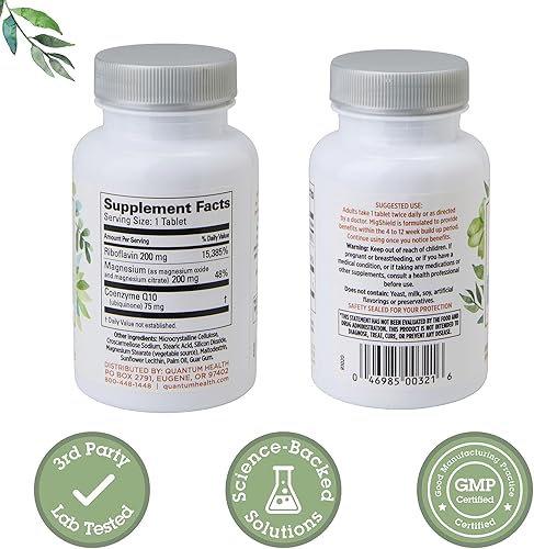Miniatura 2 de Quantum Health MigShield - Suplemento de magnesio con riboflavina y CoQ10 ayuda a promover la función adecuada del cerebro, corazón y músculos,