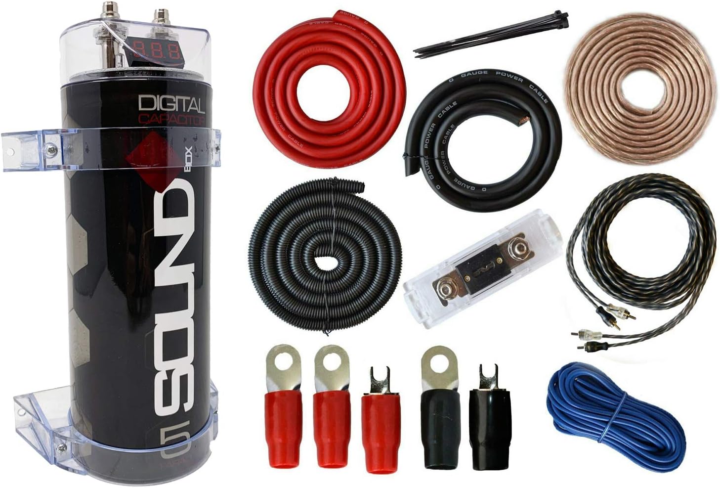 0 Gauge Amp Kit Amplifier Install Wiring & 5 Farad Digital Capacitor, 5000W