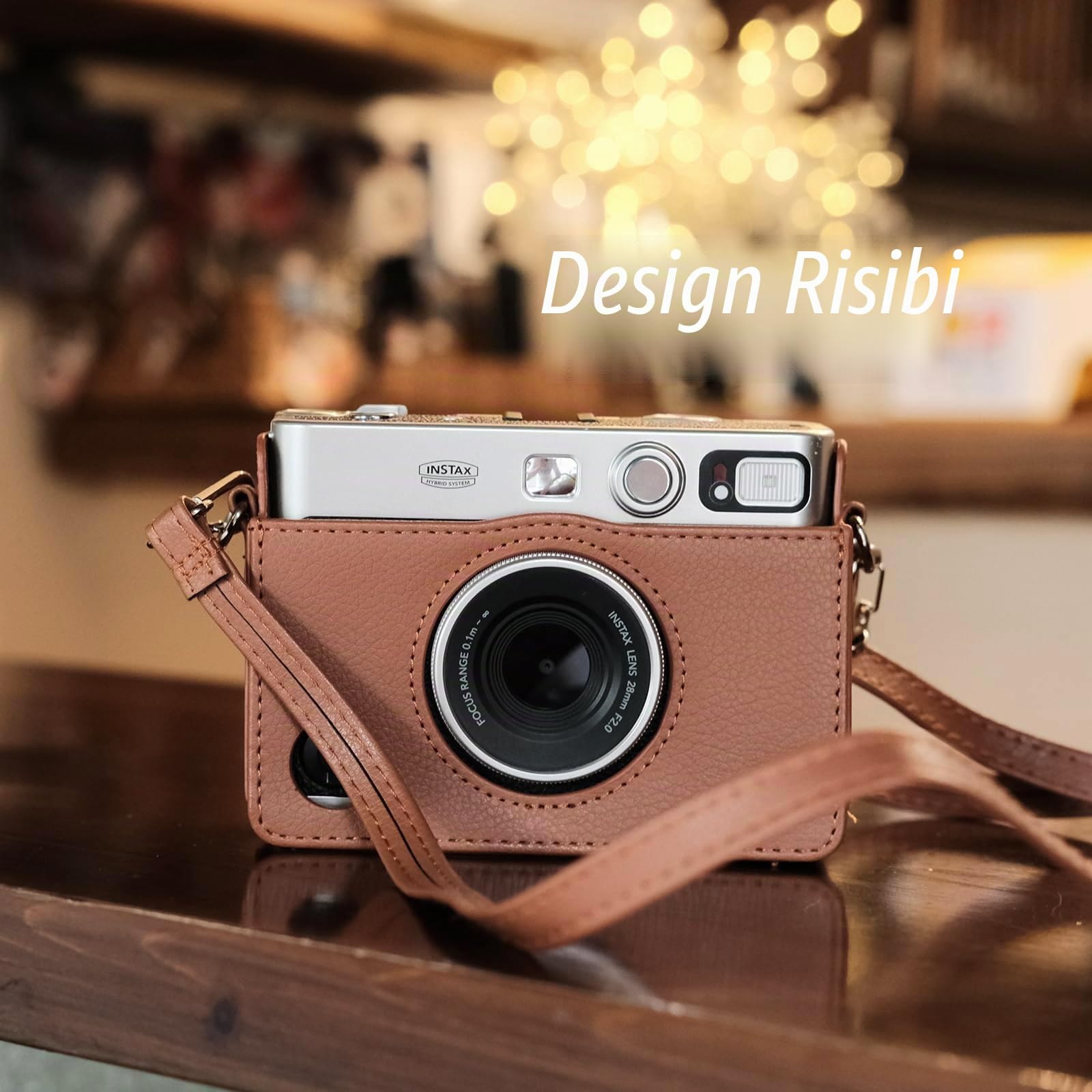 Rieibi Custodia per fotocamera Mini Evo, custodia di protezione in pelle PU vintage per fotocamera istantanea Fujifilm Fuji Instax Mini Evo con tracolla rimovibile, marrone strutturato 1, orizzontale