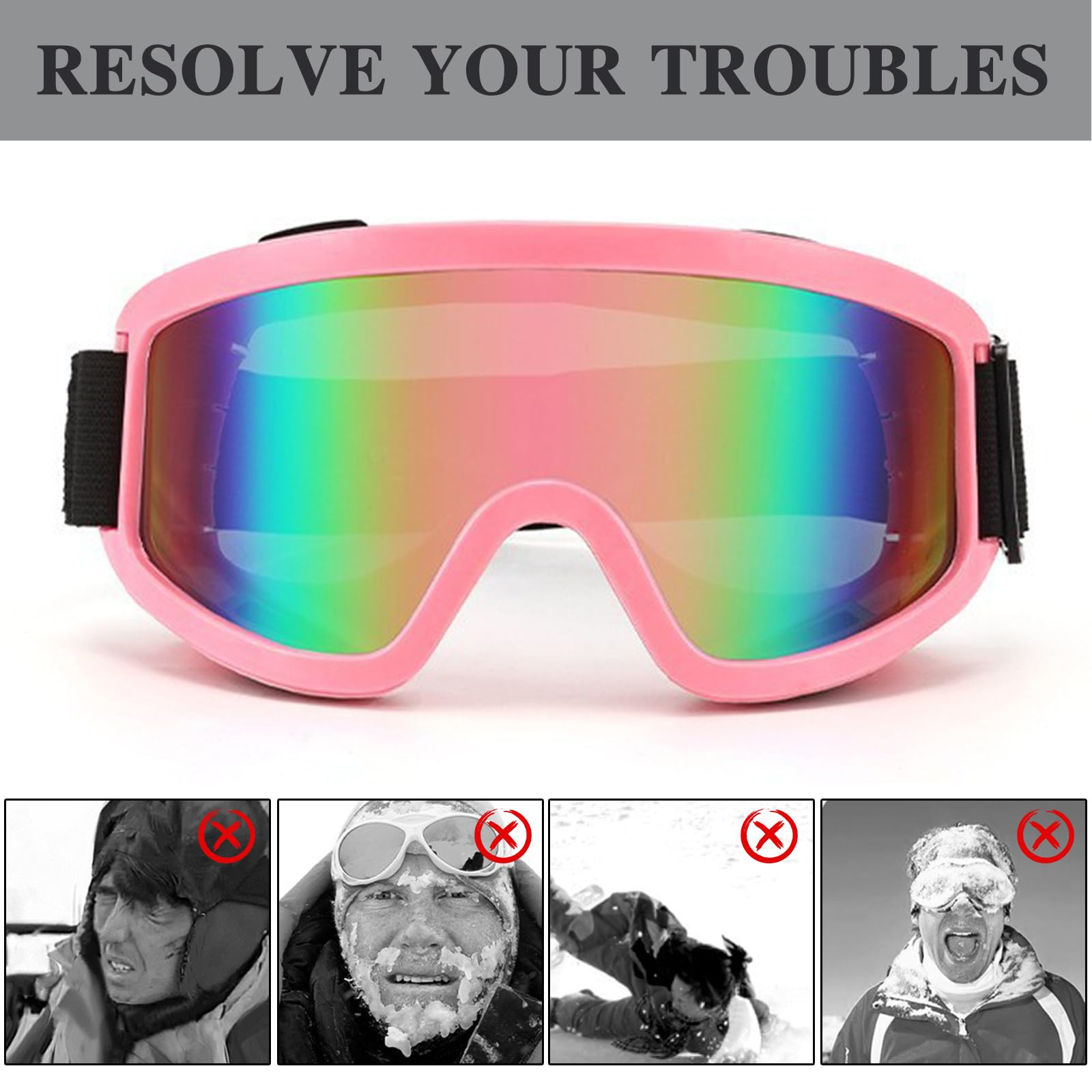 Anti-Buée Lunette de Ski, Anti-UV Lunette Ski, Réglable Lunettes de Ski Homme Femme, Lunettes Ski pour Porteurs de Verres pour Activités de Plein Air SkI Snowboard Cyclisme Randonnée(Rose)
