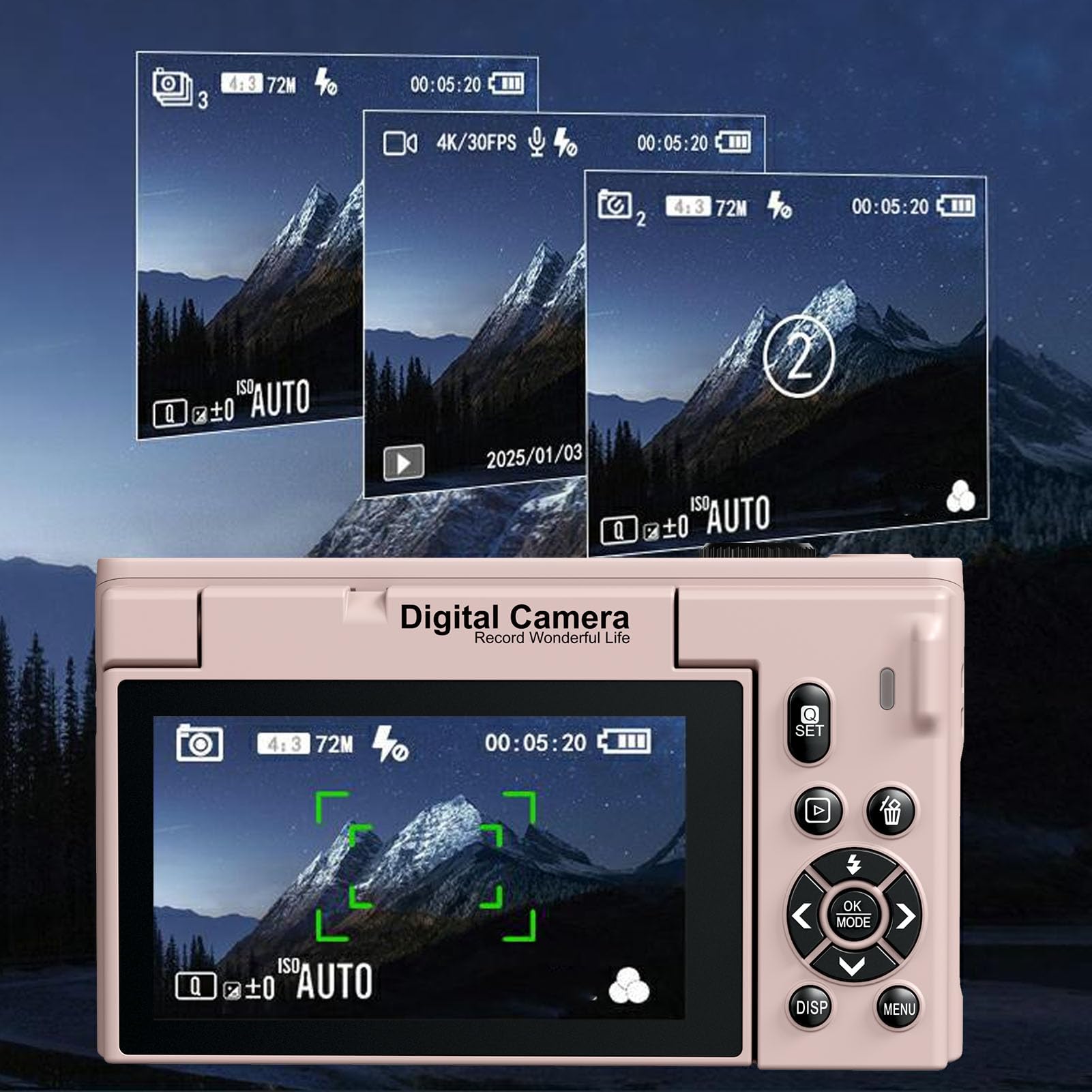 Fotocamera Digitale 4K, Fotocamera Punta e Scatta con Zoom 18x da 75 MP, Digitale Compatta con Schermo Ribaltabile da 3,0 Pollici WiFi e Abbellimento APP per Video Verticale da Viaggio (PINK)