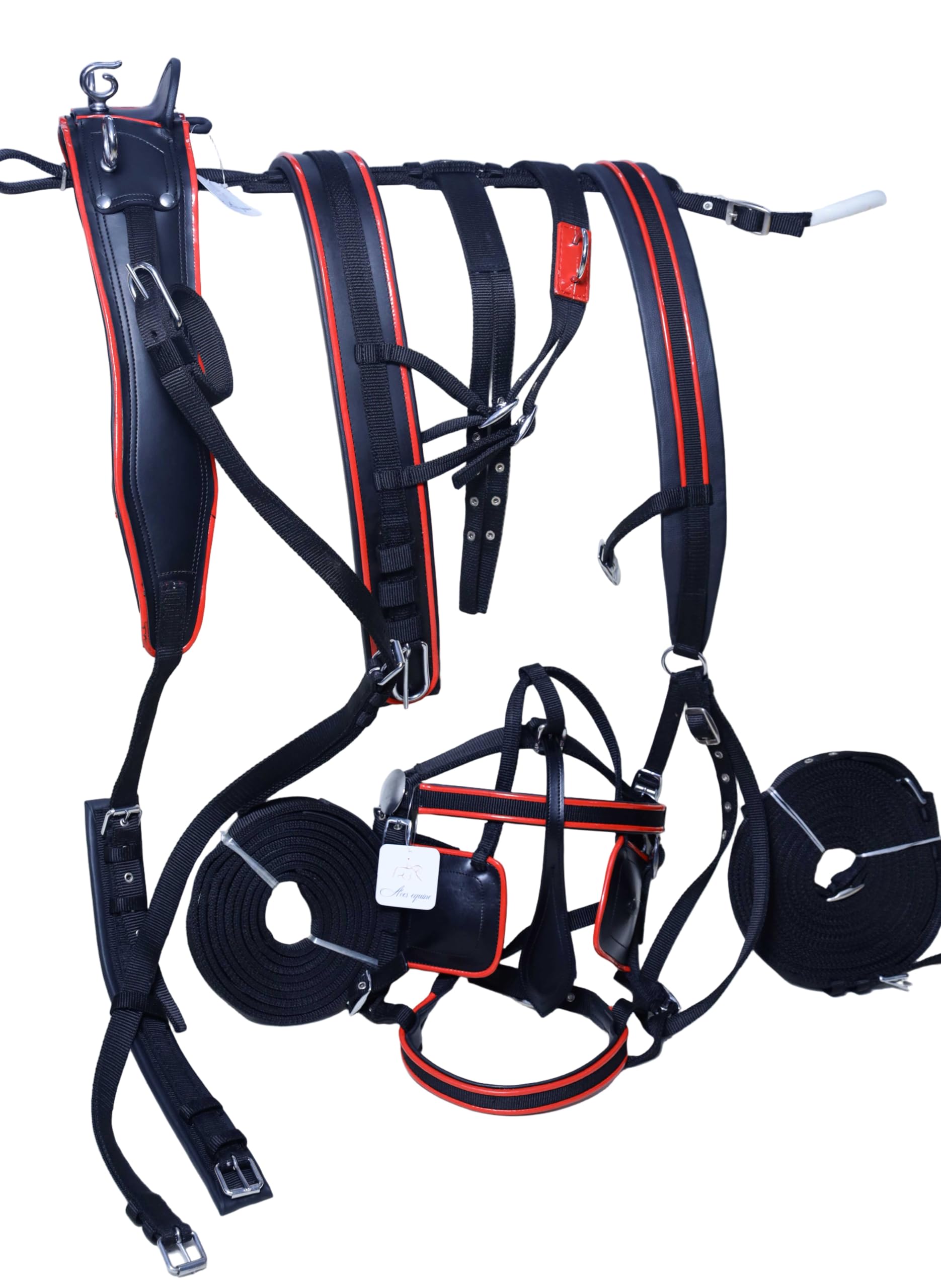 Imbracatura di guida in nylon per cavalli, colore nero e rosso, dimensioni piene, pannocchia, pony