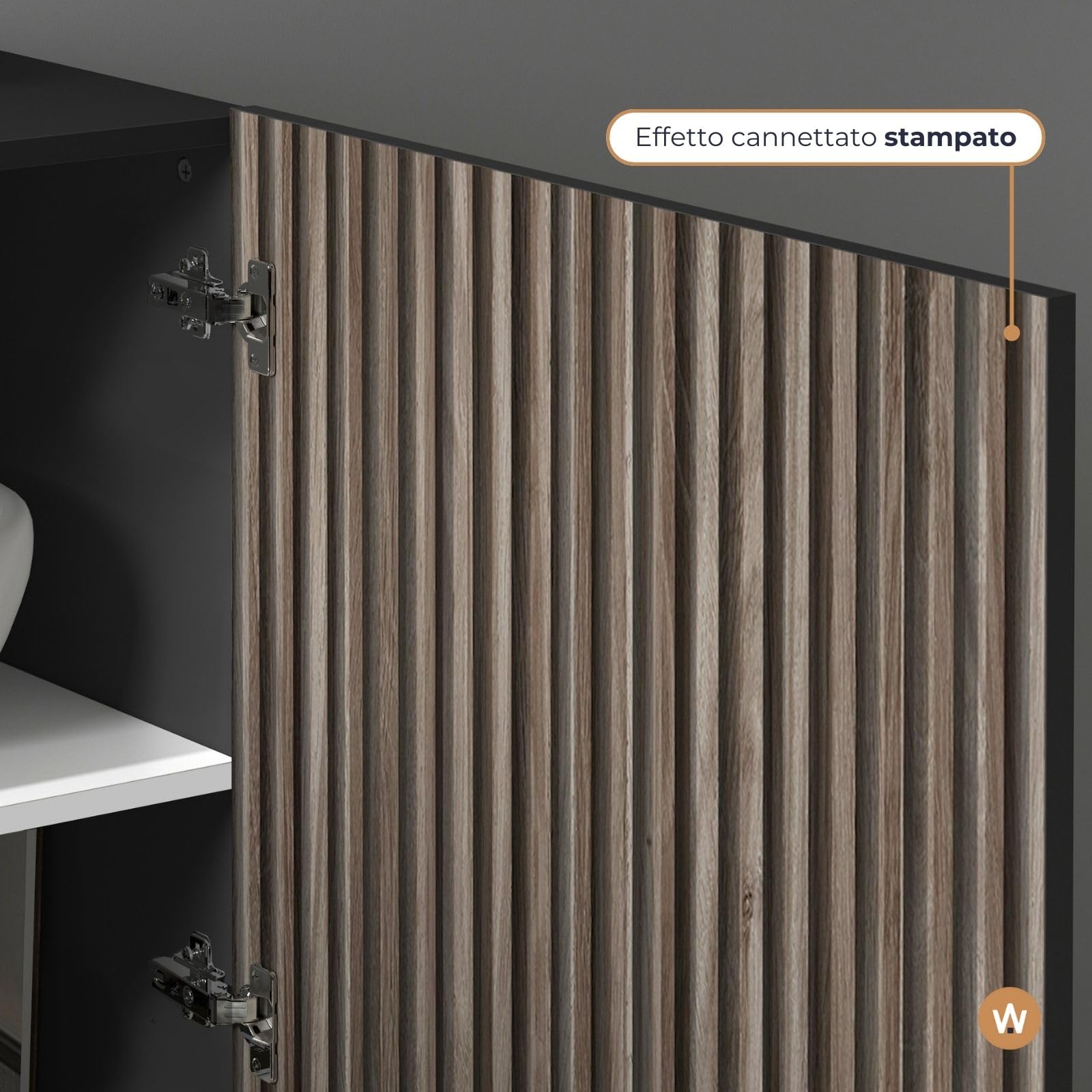 WHOUS Credenza e Buffet COSTE per Soggiorno con 4 Ante e 3 Cassetti, Madia in Stile Canneté per Salotto e Cucina in Legno, 220,1x43x86 cm, Antracite Opaco e Legno Scuro