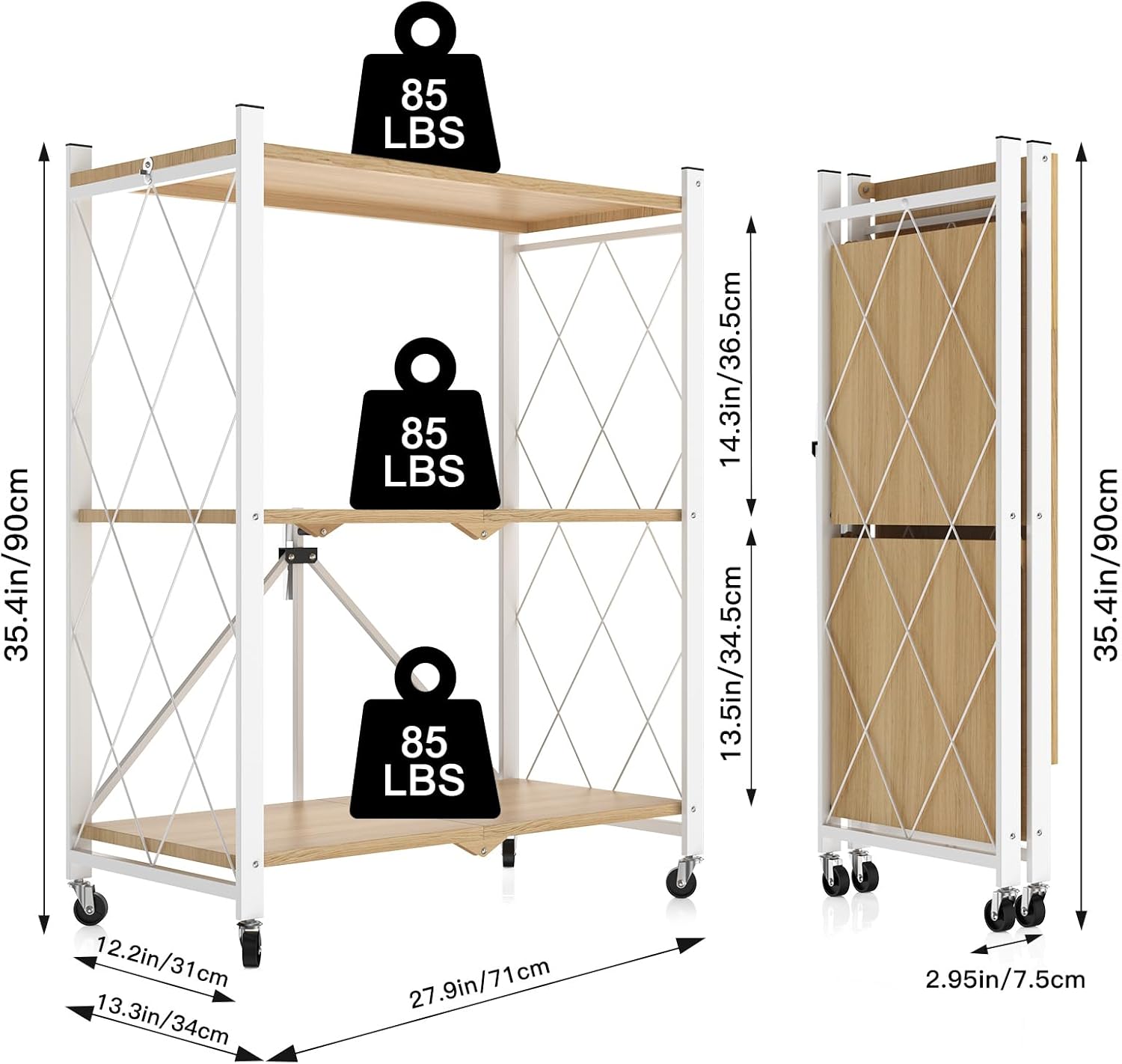3 Tier Folding Storage Shelves with Wheels, Foldable Bookshelf No Assembly Collapsible Shelf Heavy Duty Rolling Shelving Unit for Kitchen Bedroom Living Room (White, 27.9"x 13.3"x 35.4")