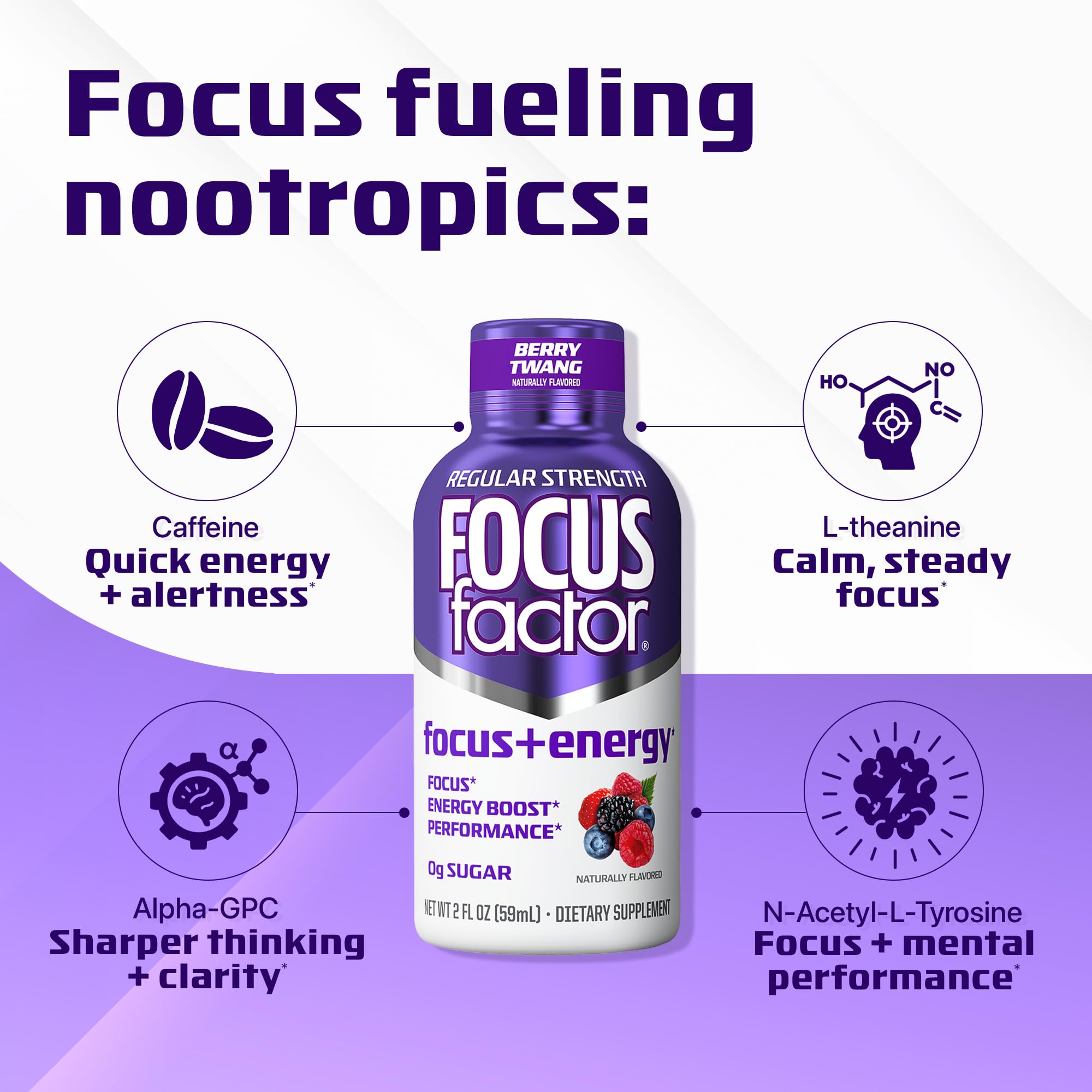 Focus Factor Focus + Energy Shots - 12 x 2oz Bottles (Berry Twang Flavor) - Powered by Nootropics with Caffeine, L-Theanine, Ginkgo, Bacopa, L-Tyrosine, Alpha GPC — Amazon image 3