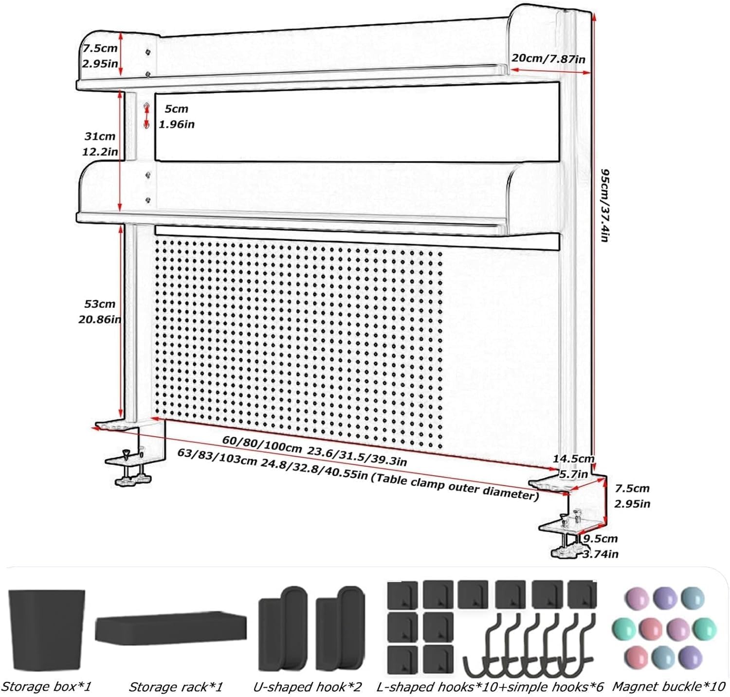 Schreibtisch-Organizer zum Klemmen, 2-stöckiges Aufbewahrungsregal mit Stecktafel, kein Bohren, Karbonstahl, Zubehör für Gaming und Heimbüro, platzsparendes Design