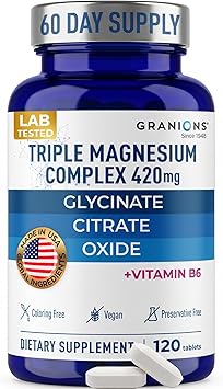 Granions Triple Magnesium Complex + Vitamin B6-420mg Elemental Magnesium Gylcinate Citrate Oxide - Made in USA - Muscle, Nerves, Calm, Sleep 100% DV Supplement for Women and Men - 120 Tablets