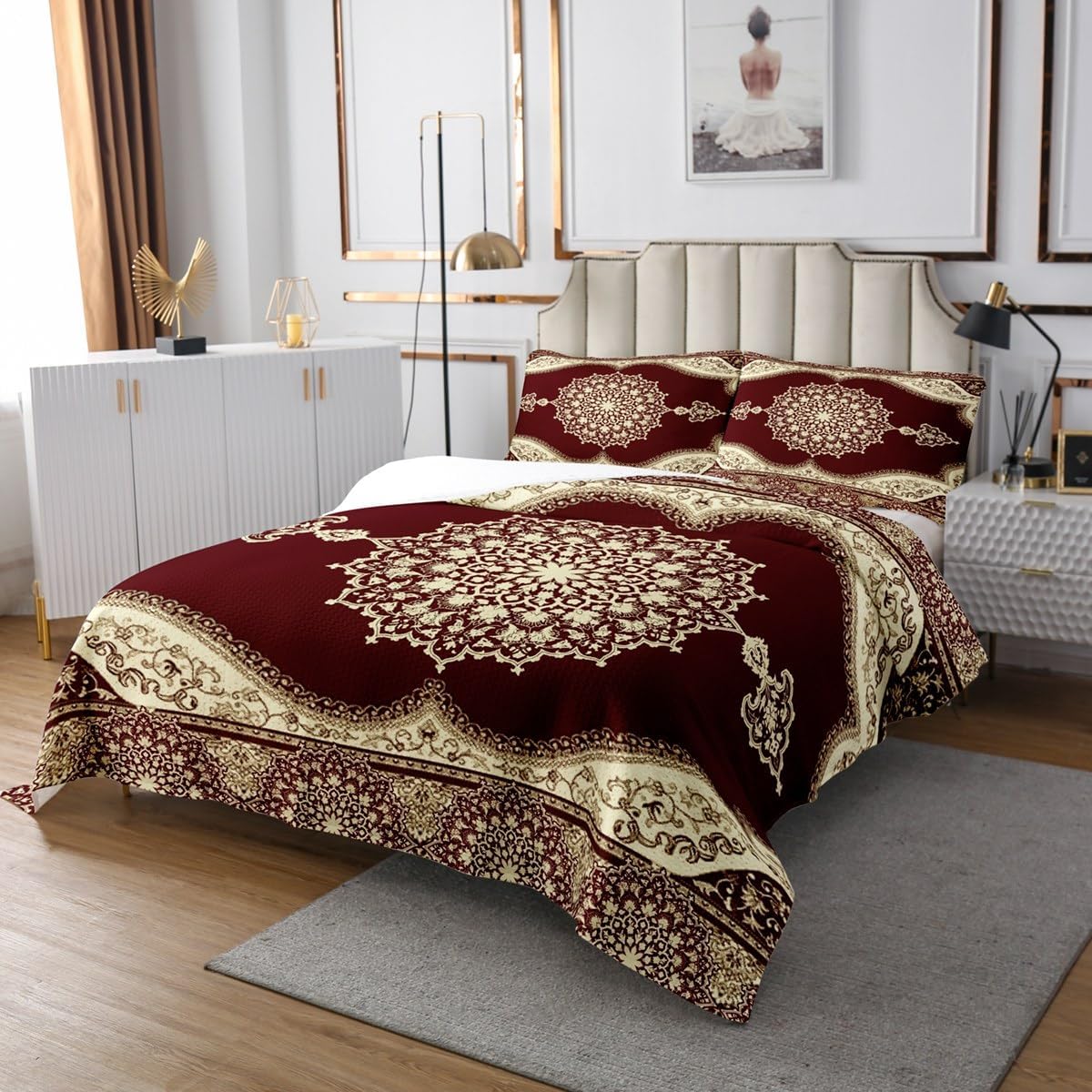 Erosebridal Retro Floral Quilt King Tribal Exotic Bedspread Boho Burgundy Fashion Retro Red Yellow Coverlet Vintage Bohemian Bedroom Decor Fashion Quilted for Women Men