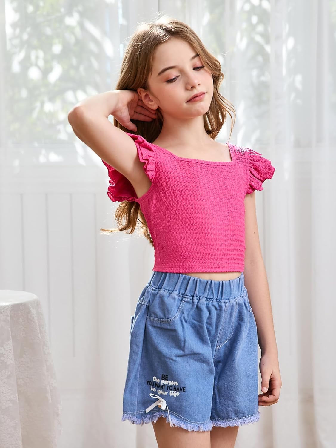 OYOANGLE Girl's Casual Solid Ruffle Trim Cap Sleeve Square Neck Cute Crop Tank Tops T-Shirts - Image 4