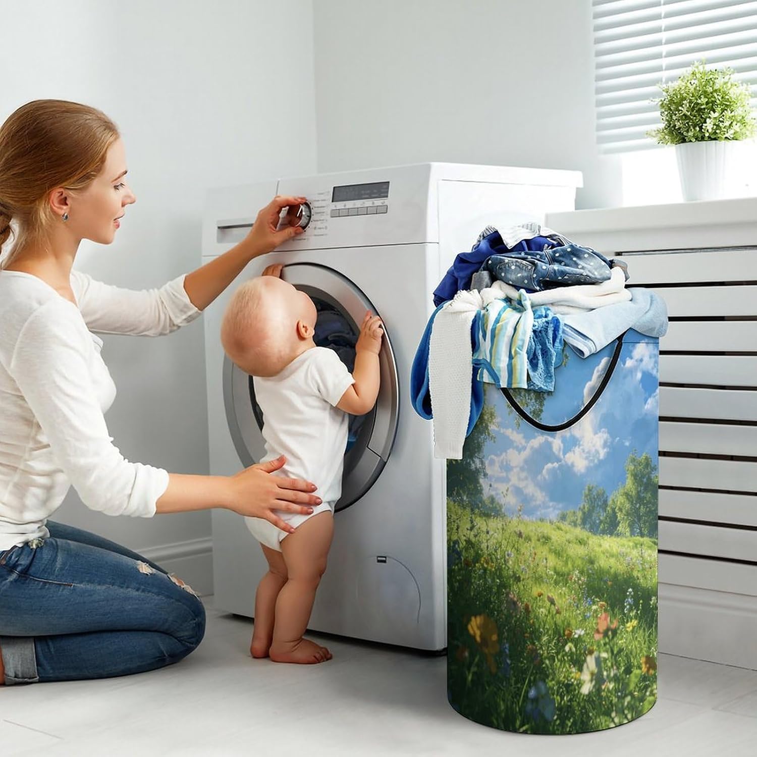 Meadow Laundry Hamper Portable Lightweight Clothes Hampers Fashion Dirty Laundry Storage Basket Large Capacity Foldable Clothes Baskets for Bathroom Bedroom