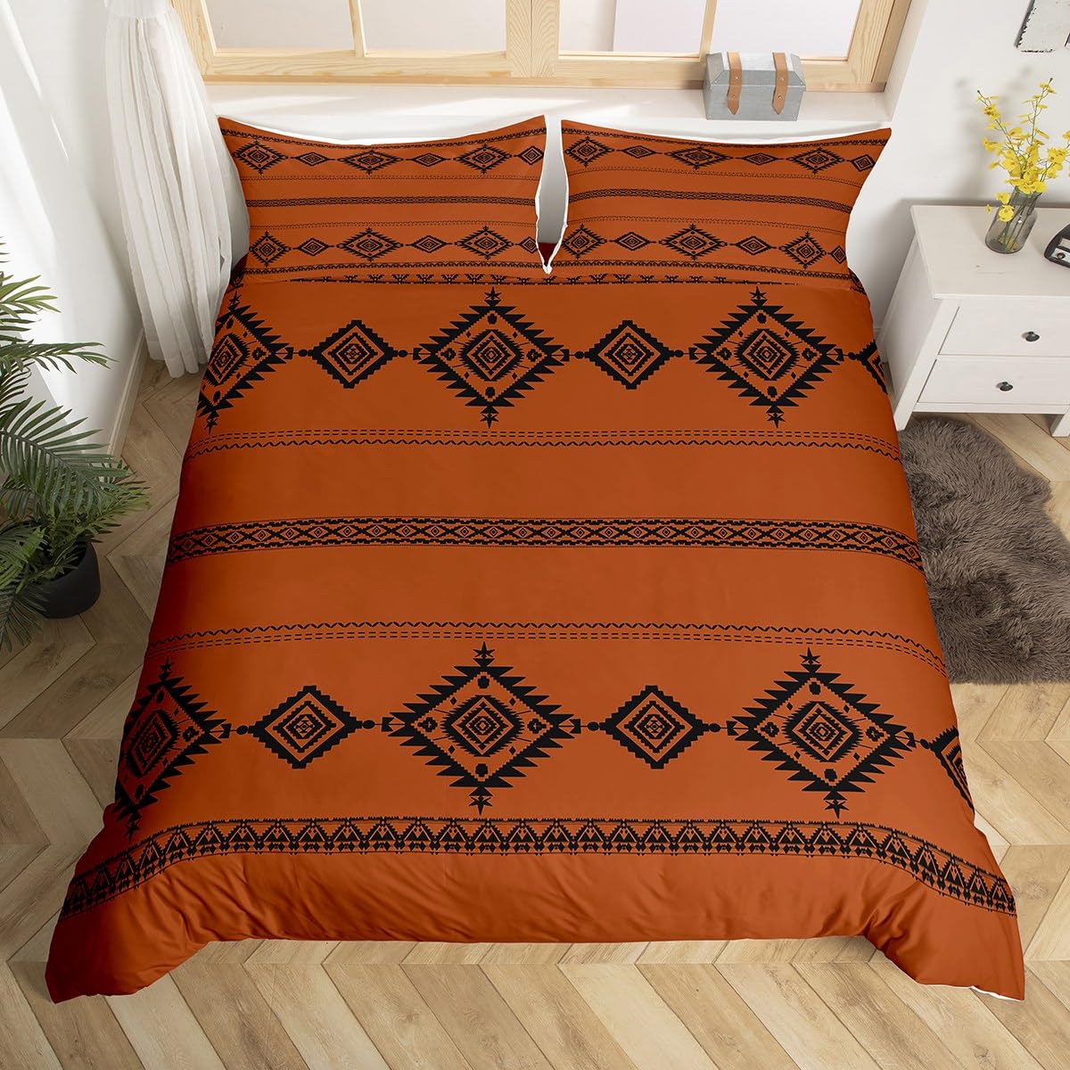 Loussiesd Western Bedding Set Single Size Kids Southwestern Native Duvet Cover for Boys Girls Teens Wild West Cowboy Comforter Cover Soft Tribal Bohemian Room Decor Orange Black