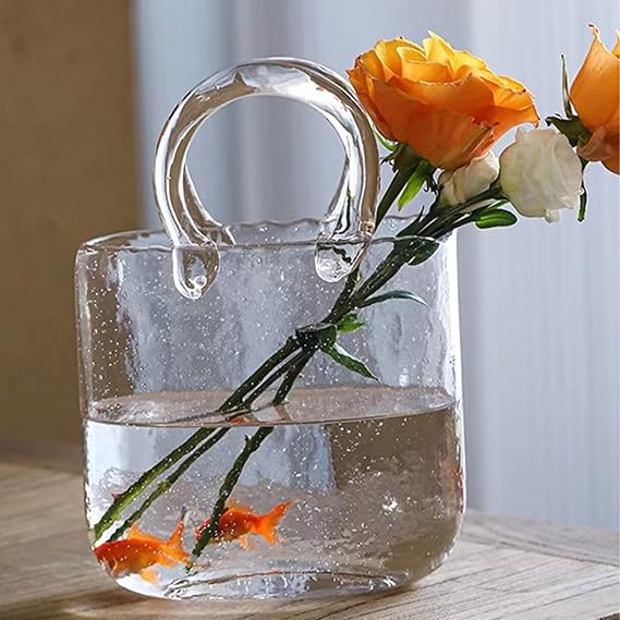 Glass Vase with Elegant Purse Design, Hand Purse vase with