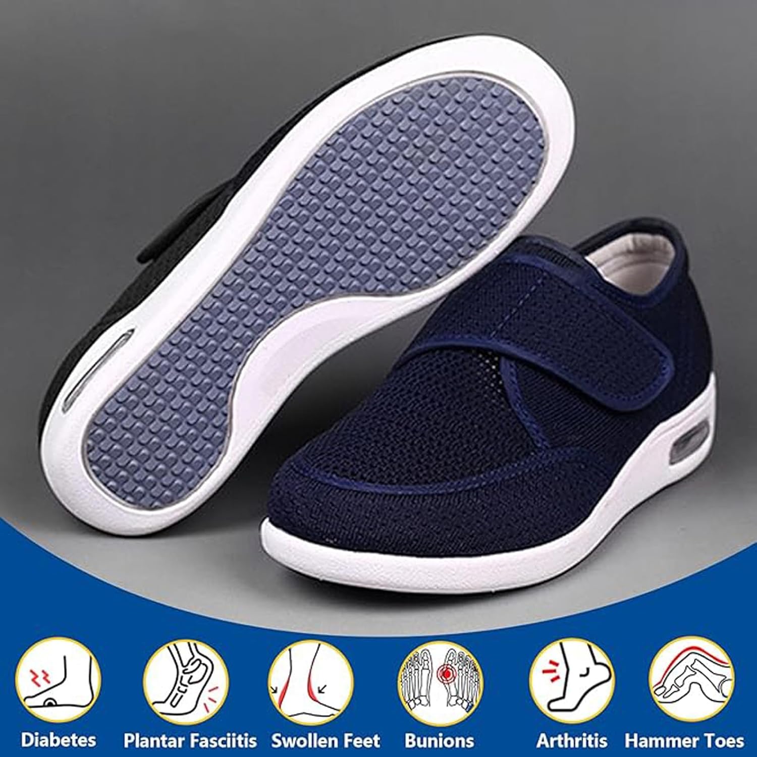 Stylish Diabetic Shoes, Wide Width Elderly Shoes, Adjustable Closure Lightweight Breathable Walking Shoes, Comfortable Edema Sneakers for Swollen Feet