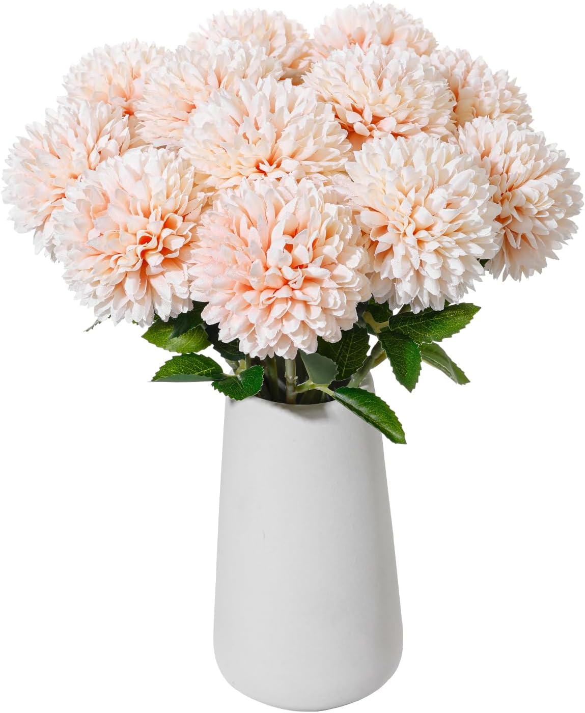 12Pcs Artificial Chrysanthemum Ball Flowers with Ceramic Vase, Faux Silk Mum Floral Arrangement for Table Centerpiece, Spring Home Decor, Wedding, Office, Coffee Display(Champagne Pink)