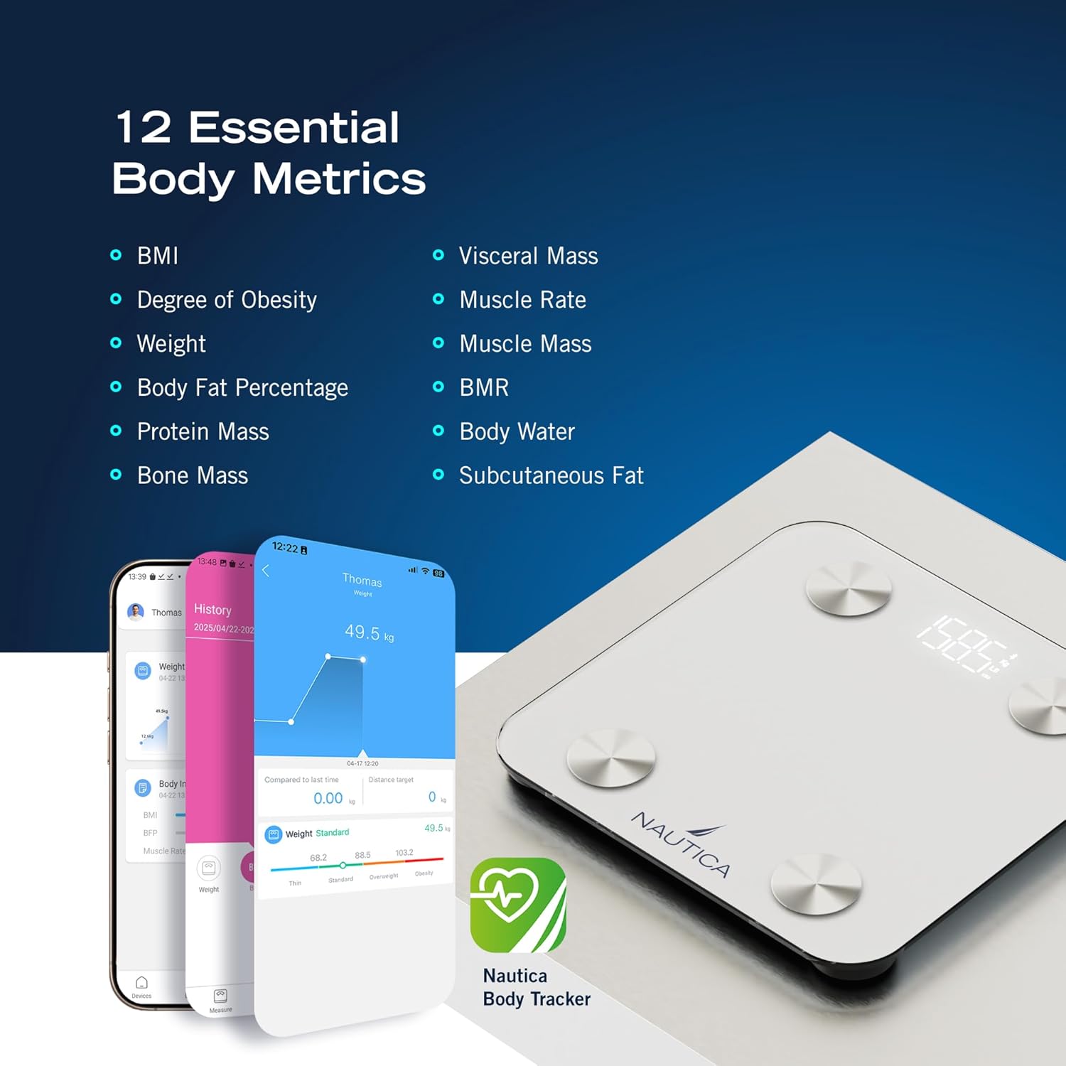Nautica Body Tracker Digital Bathroom Scale, Bluetooth-Enabled Smart Scale with BMI, Body Fat, Muscle Mass Tracking & More, Syncs with Smartphone App for Body Composition Tracking, 396 Lbs.