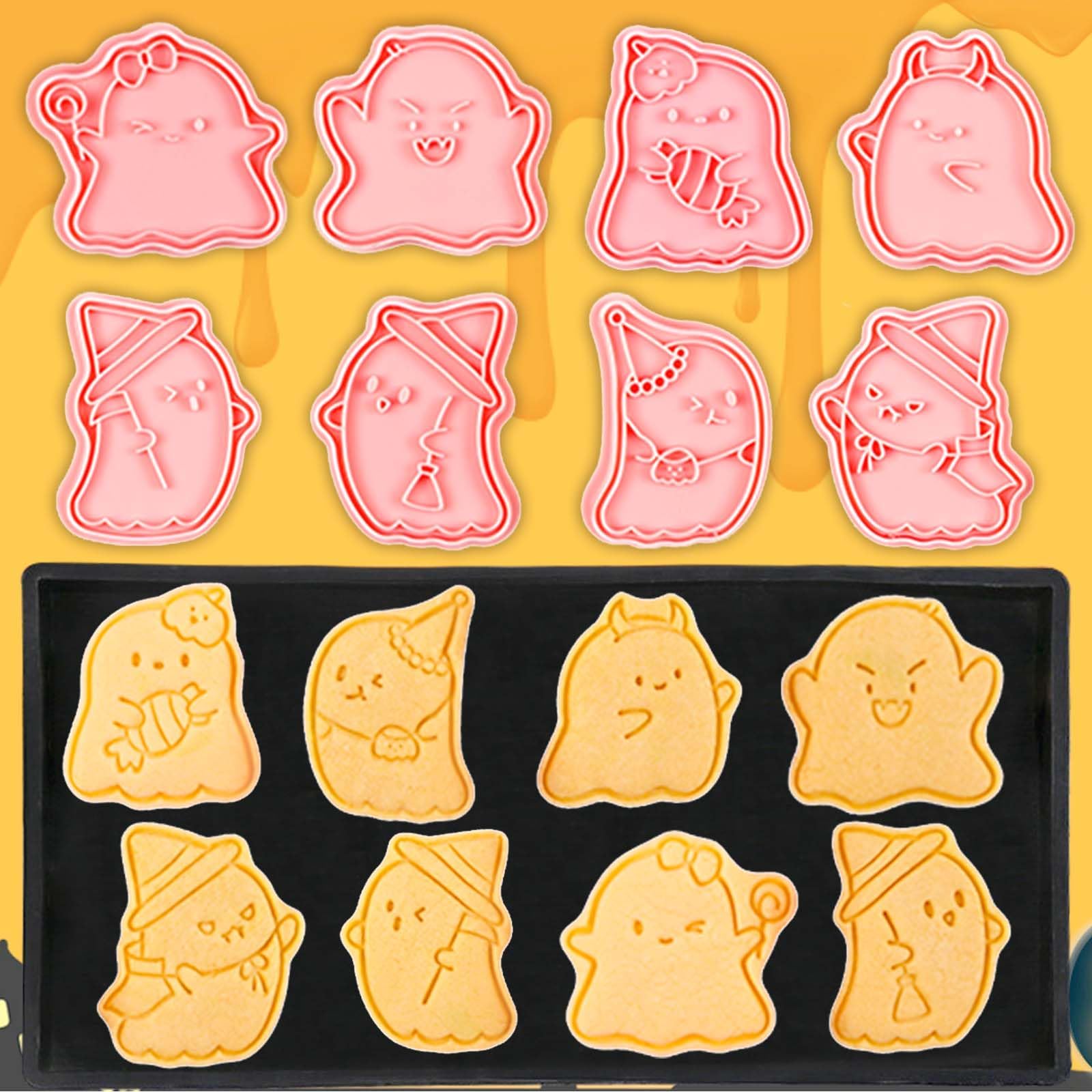 8 Stück Mini Halloween Ausstechformen, 3D Ghost Raised Design Cookie Stamps, Cookie Cutter Set Geeignet für Frosting Dekoration, Tag der Toten Dekorationen (Ghost-1)