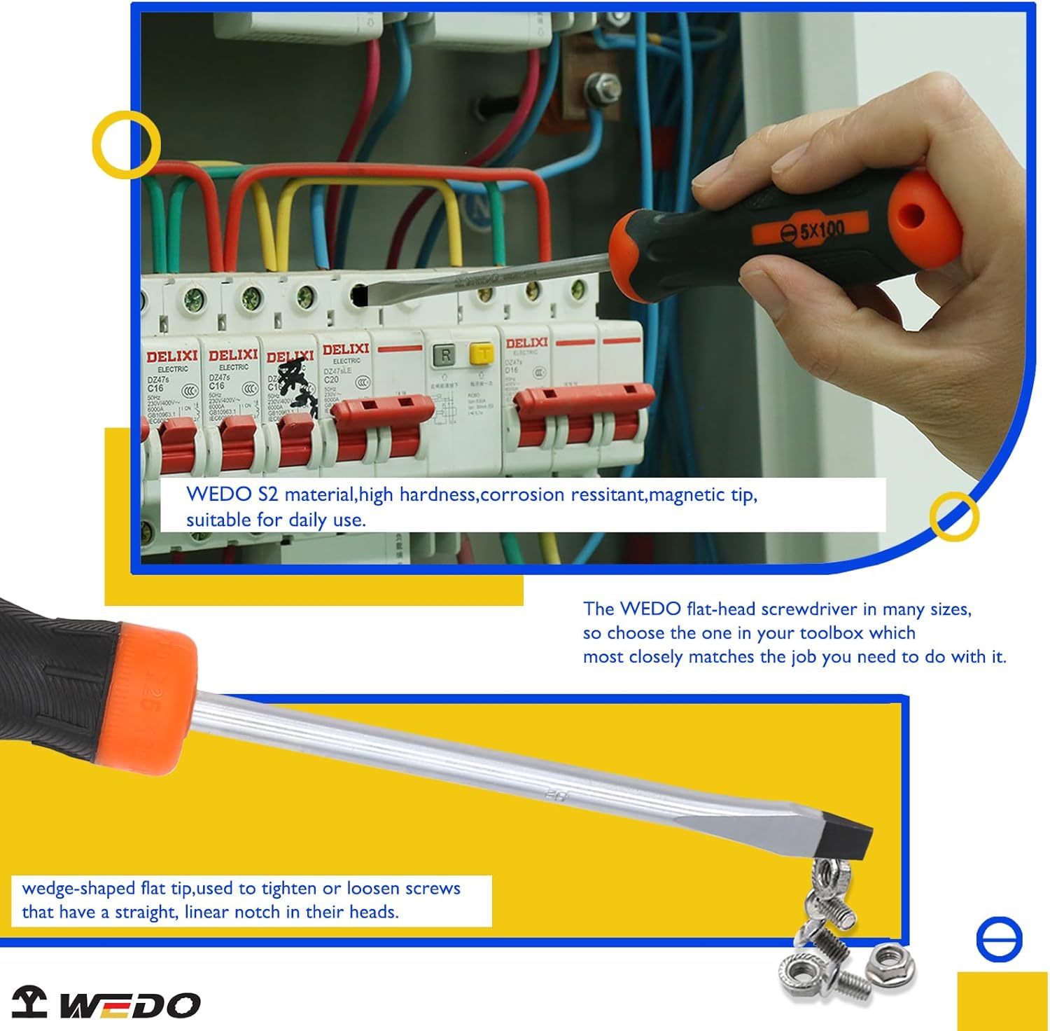WEDO 6Pcs Screwdriver Set, Magnetic Screwdriver with 3 Flat& 3 Philips Head Tips, PH0*75mm, PH1*125mm, PH2*100mm, 3 * 75mm, 5 * 125mm, 6 * 150mm, Heavy Duty S2 Steel Made