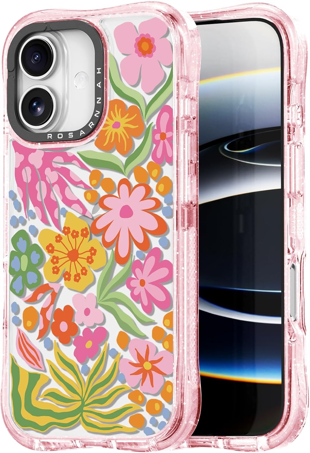 Rosarnnah for iPhone 17 Case Cute - Military-Grade 20 ft Drop Protection Shockproof Phone Case - Funny Passion Flower Design (6.3") Glitter Pink