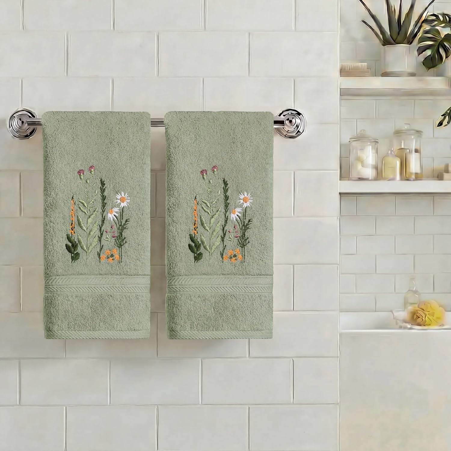 Artoid Mode 2 Pcs Sage Green Wildflower Floral Embroidered Hand Towels for Bathroom, Cotton Soft Absorbent Farmhouse Decor Towels, 13.7 x 29.5 Inch