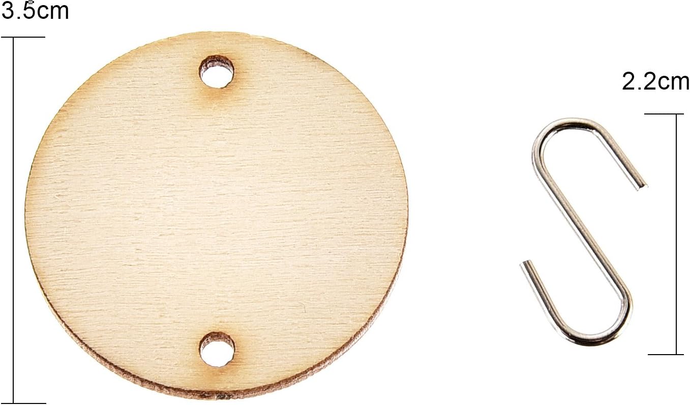 Hicarer Pack of 100 Christmas Wooden Tags with 2 Holes Round Wooden Discs and 100 Pieces S Hook Connectors for Birthday Boards, Chore Boards and Crafts