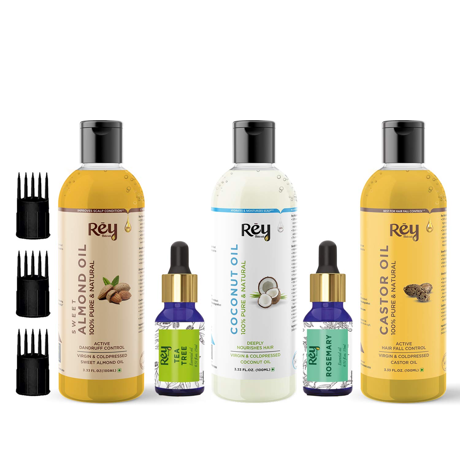 Rey Naturals Complete Hair Care Kit- Castor Oil+Coconut Oil+Almond Oil+Rosemary Oil+Teatree Oil