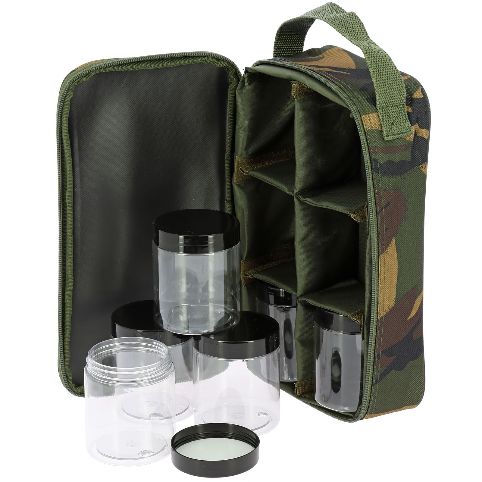 Fishing Glug Bag Pot Set DPM Camo Bait Storage 6 x 250ml Airtight Pots Carp