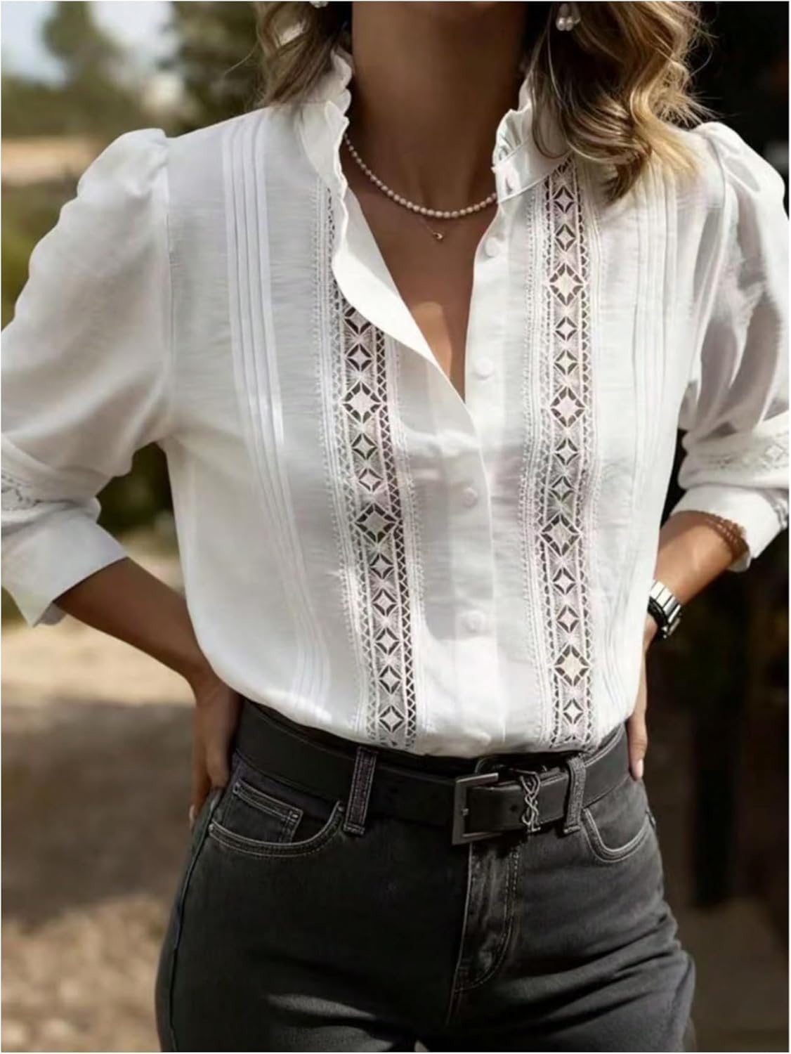 GORGLITTER Women's Lace Button Up Shirt Office Eyelet Embroidered Long Sleeve Shirts Dressy Casual Work Blouse