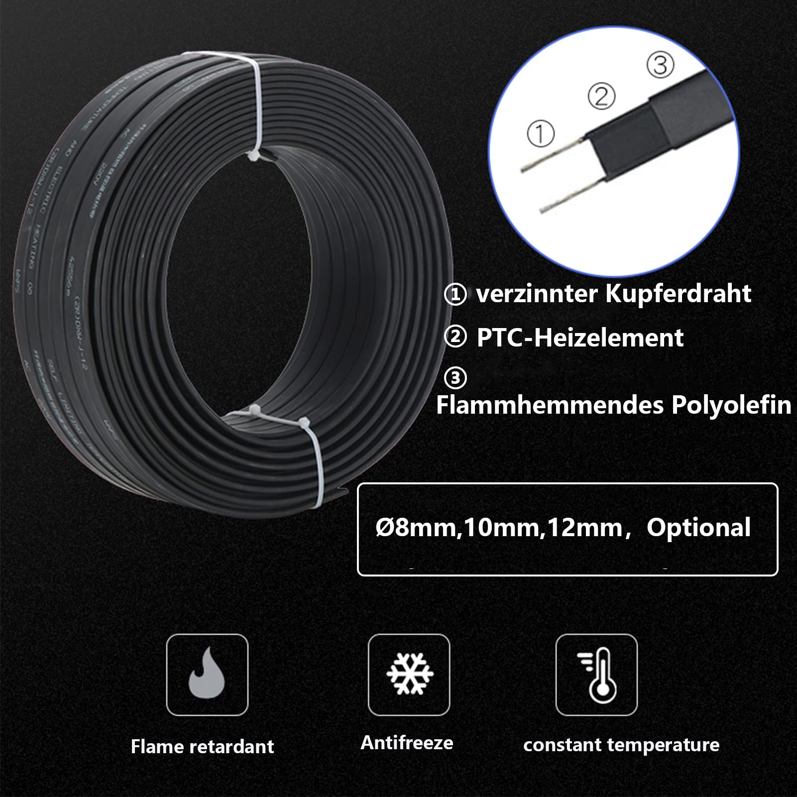 220V～230V Frostschutz Heizkabel Selbstregulierendes Wärmekabel für Dachrinnen, Wasserleitungen, einem Dachfenster, gewächshaus, palmen Kein Thermostat Erforderlich (Color : 8mm, Size : 197ft)