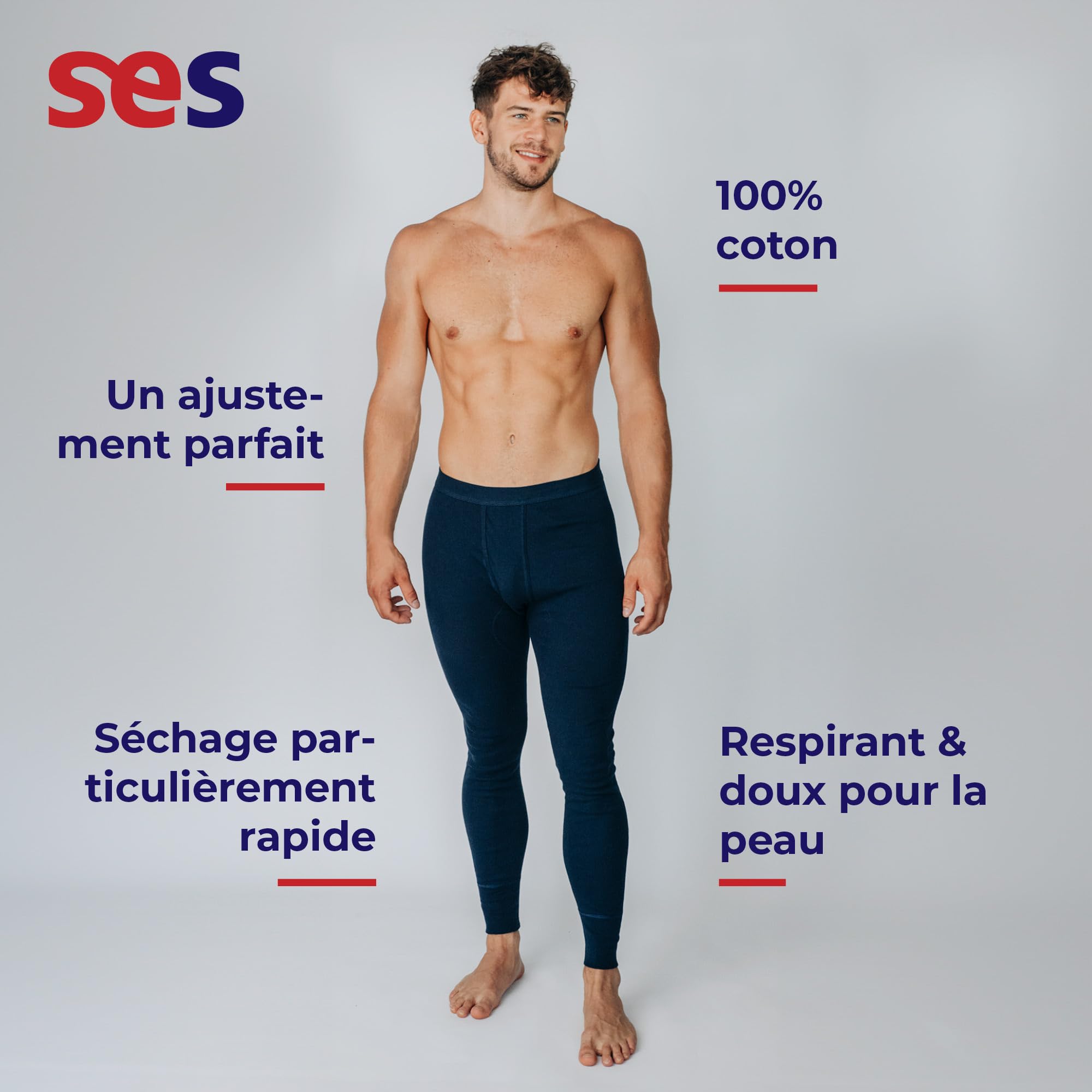 SES caleçon Long Coton, Pack de 2 caleçons Longs Hommes en côtes Fines, Taille S - 4XL, avec Braguette et Ceinture Douce, en Coton/calson Long pour Homme Jambes Longues