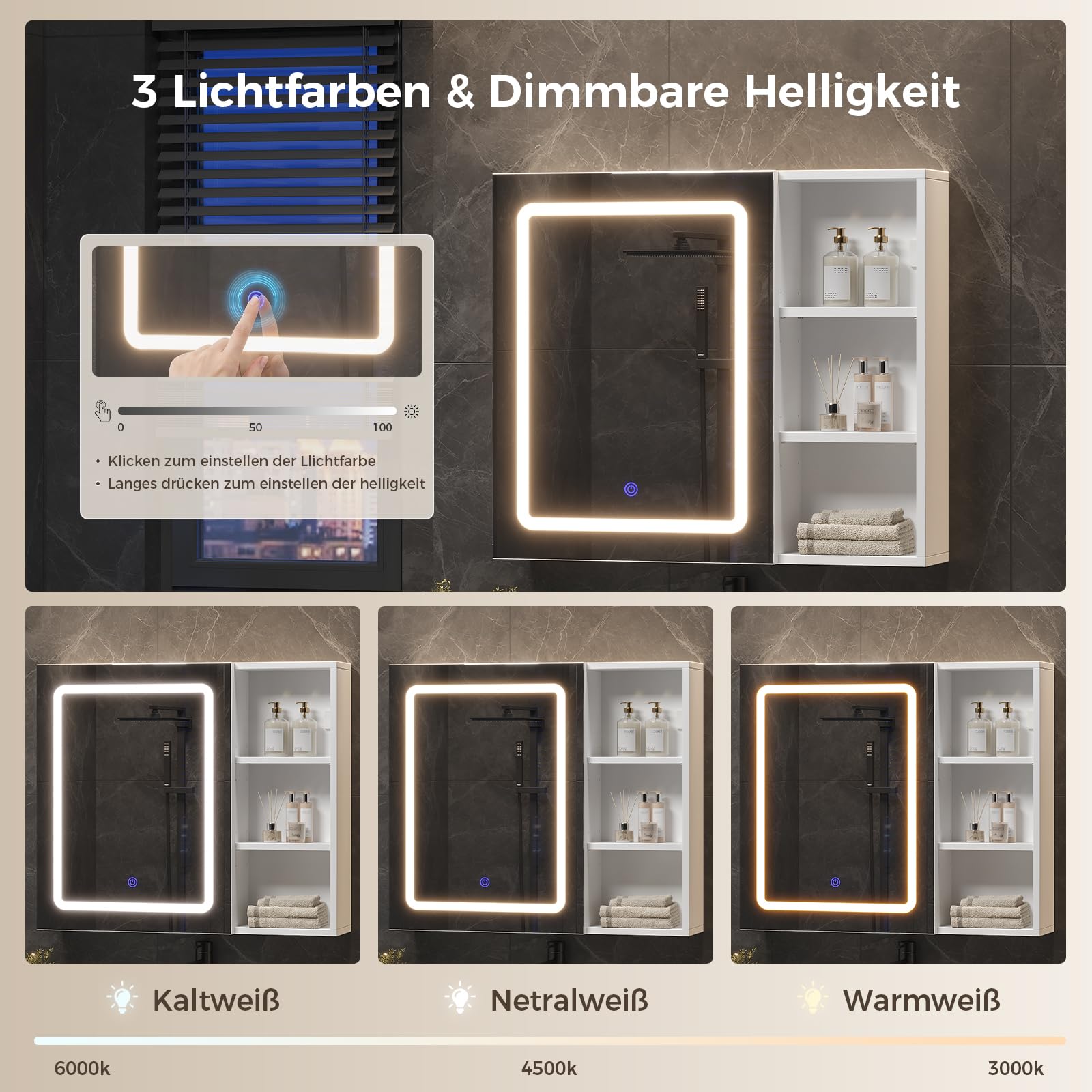 Badezimmer Spiegelschrank 70x60 cm mit LED-Beleuchtung,Verstellbare Regale