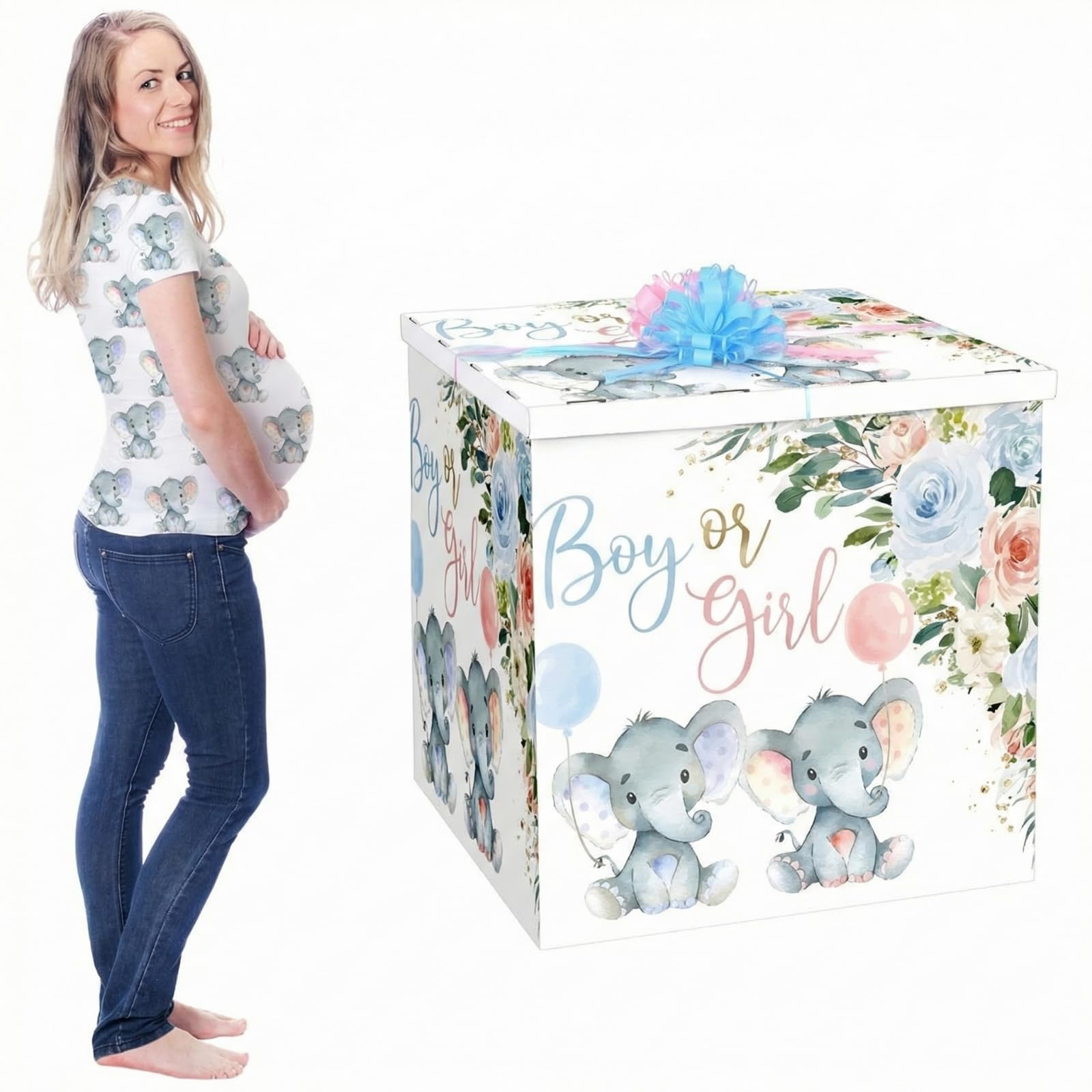 AmazingSpark 28in Jumbo Gender Reveal Gift Box Kit with Oversized Box Giant Pull Bows for Gender Reveal Baby Shower Birthday Party Decor(Baby Elephant)
