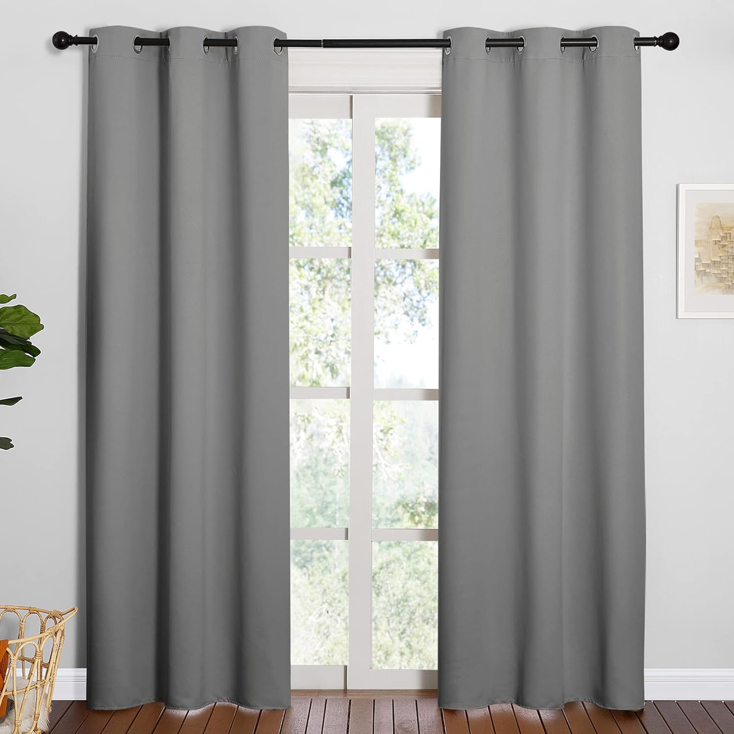 NICETOWN 1 Panel 46" x 63" Tie up Curtain with 2 Panles 42" x 84" Gromemt Blackout Curtains for Living Room Thermal Insulated Window Shade for Bedroom, Silver Grey