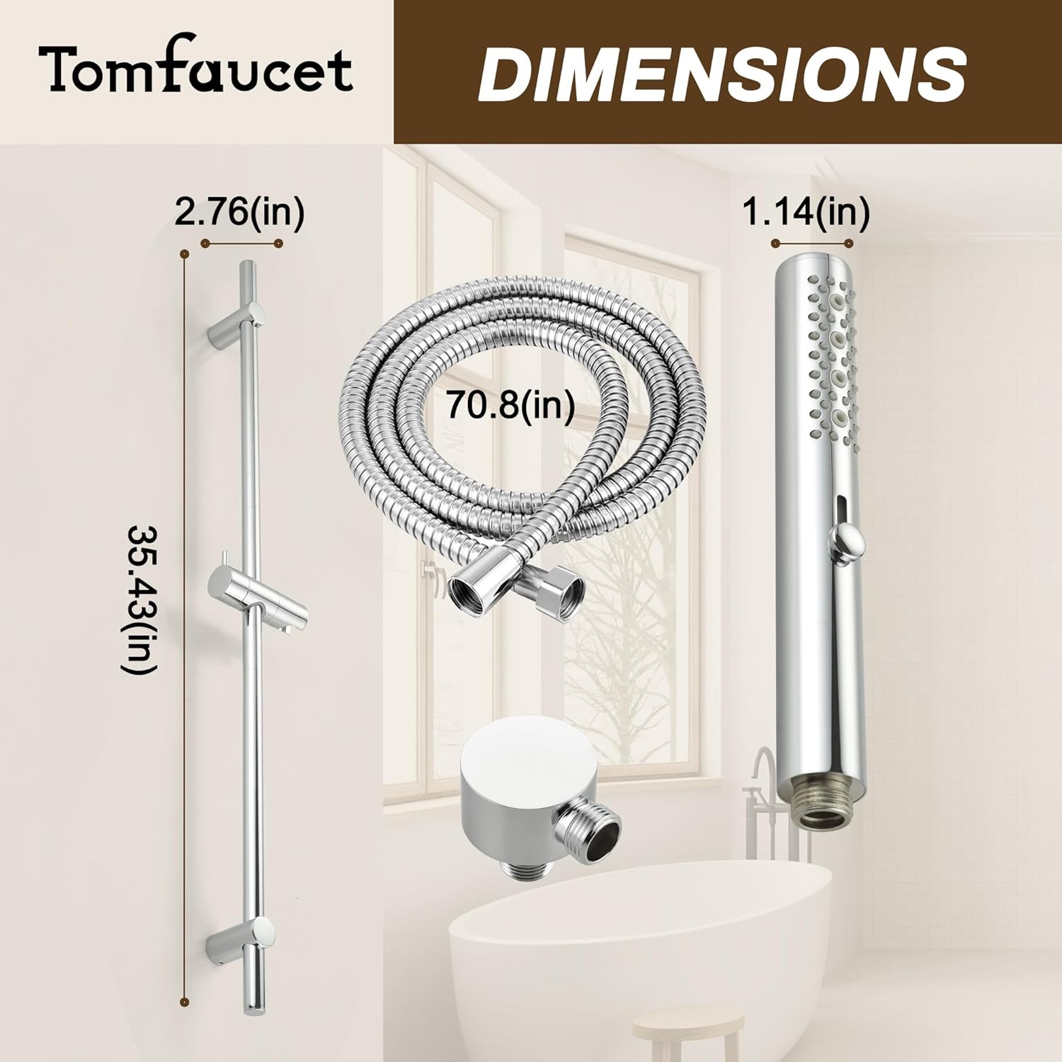 Shower Slide Bar System, 35.4 Inch Shower Bar Slide Set, 3-Function High Pressure Slide Bar Handheld Shower Head with 70.8 Inch Stainless Steel Hose, Brass Outlet Elbow-Chrome