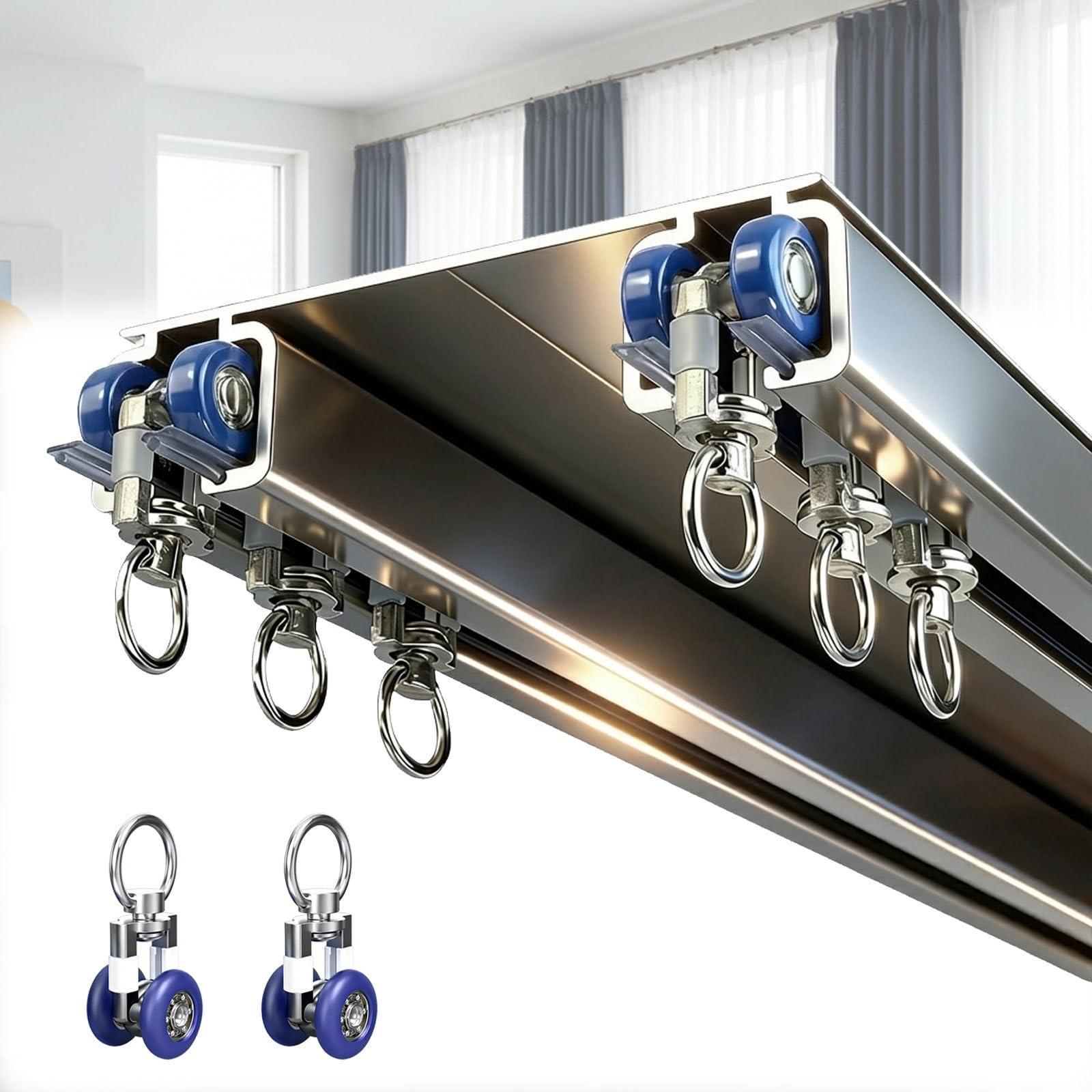 Wytrzymała 2-warstwowa aluminiowa szyna sufitowa 1-5 m z cichym ślizgiem do podziałów pomieszczeń, idealna do sufitów o długości 2,6 m, łatwa instalacja i trwałe mosiężne wykończenie