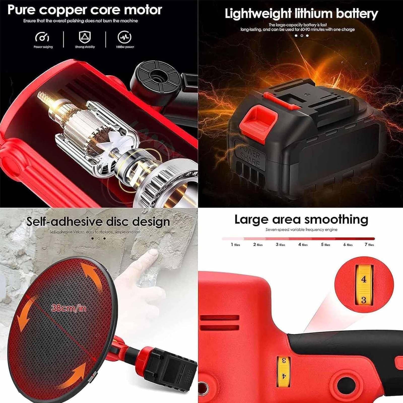 Kit de lijadora eléctrica para paneles de yeso y pala de hormigón con batería, máquina de alisado y pulido de paredes para cemento de mortero de yeso