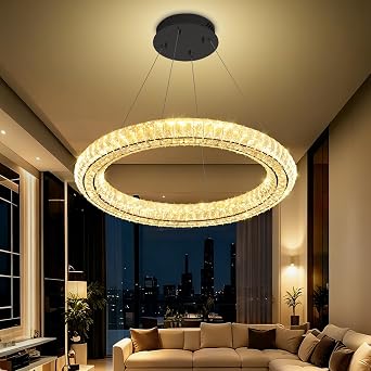 Modern Black Crystal Chandelier 23.6in Dimmable LED Ring Pendant Light Adjustable Round Crystal Chandelier Light for Dining Room Living Room