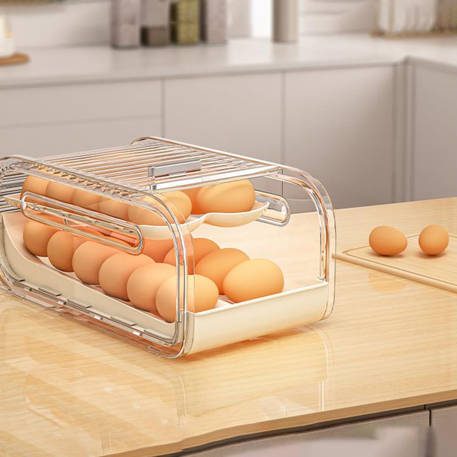 Bandeja Para Huevos Doble Nivel con Tapa Corredera y Rodamiento Automático | Organizador De Huevos Para Encimera Y Para Cocina Despensa Apartamento Hogar Restaurante
