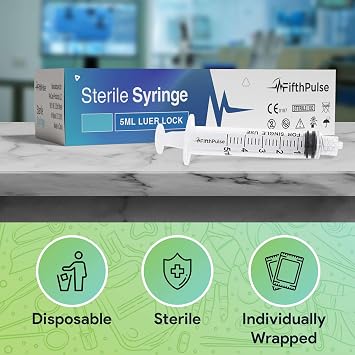 5 ml Syringe without Needle - 5 Pack of Individually Wrapped Disposable Syringes - Good for Medical, Scientific Lab, Home Use, and More - Sterile Luer Lock Syringes