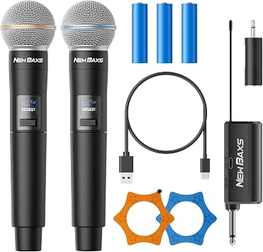 Wireless Microphone, Rechargeable Dual Cordless Handheld Dynamic Wireless Mics,NEWBAXS Karaoke Microphones with 1/4 Output for Karaoke, Meeting, Singing, Church, Wedding