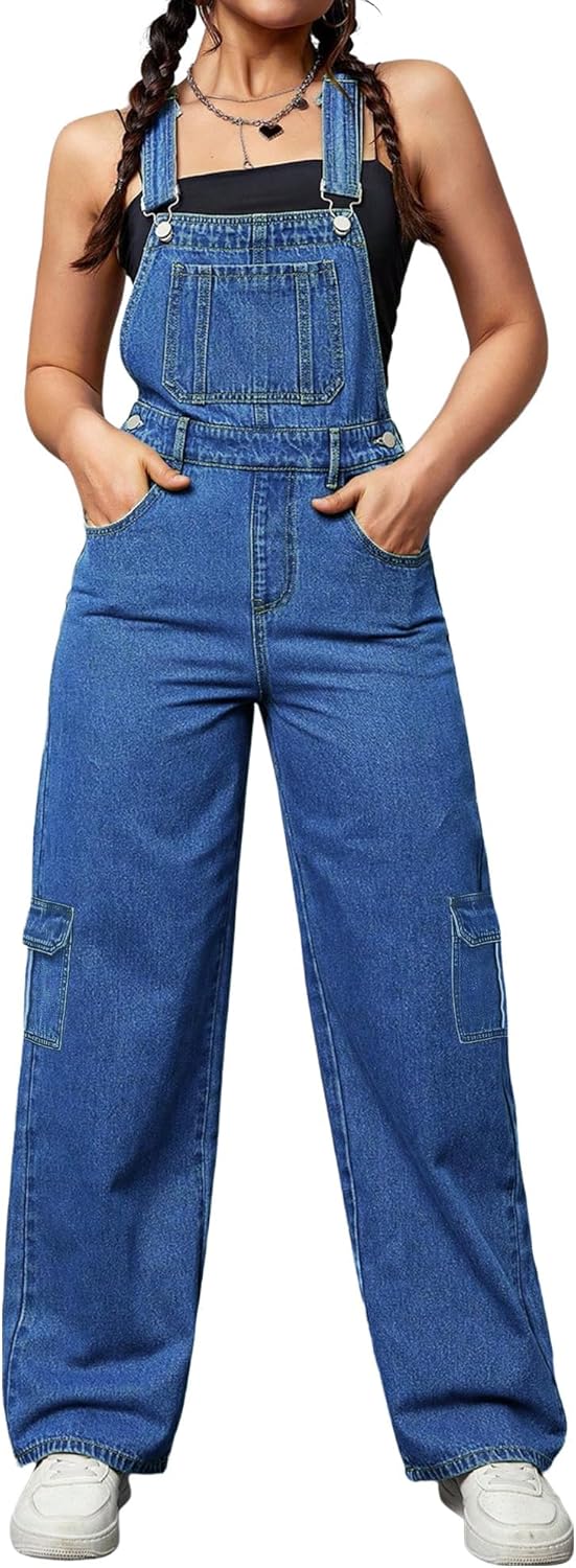 Womens Overalls Demin Wide Leg Cargo jumpsuit Loose Fit Bib Baggy Jean Overalls Adjustable Straps for Women.