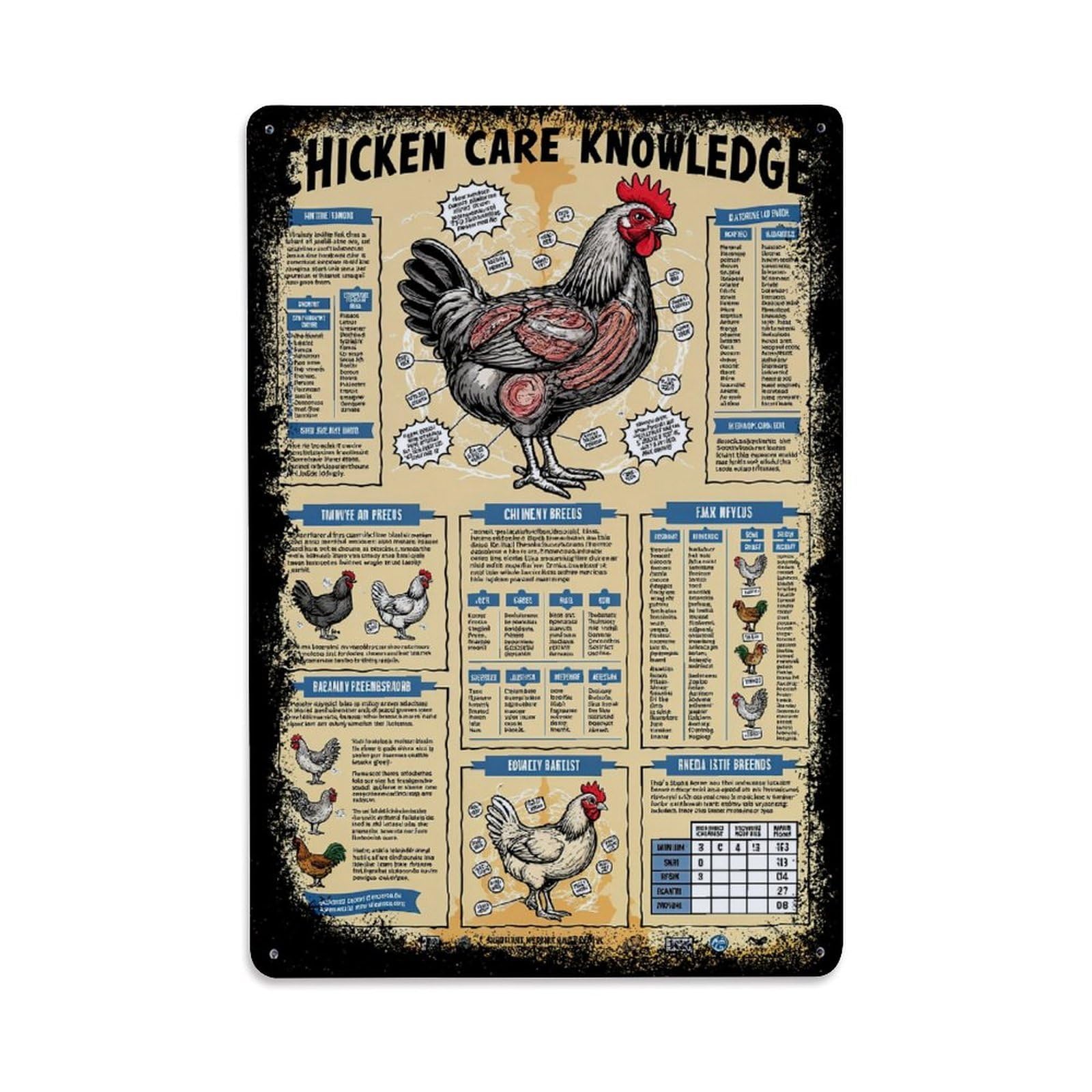 Chicken Care Knowledge Guide Vintage Tin Sign Retro Metal Wall Decor Metal Poster, Home Bar Garage Farmhouse Cafe Wall Art Decoration 8x12Inches