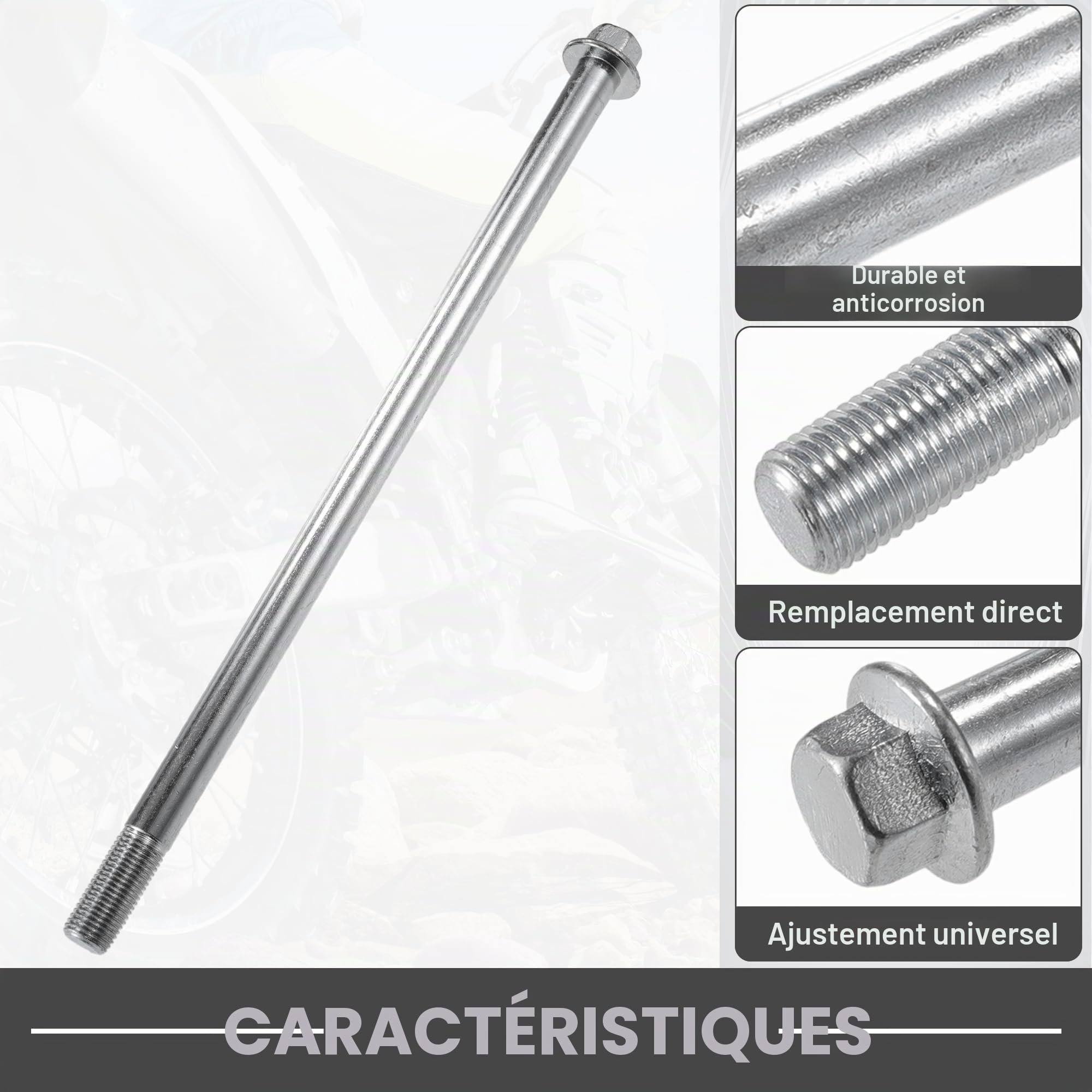 A ABSOPRO Essieu Avec Bague Et Boulon M12 270mm Pour Moto Acier 1pc | Ton Argenté, Pour Scooter, Quad, Longueur 270mm, Diamètre 12mm, Filetage M12x1.25, Avec 3 Bagues Et 1 Vis Boulon