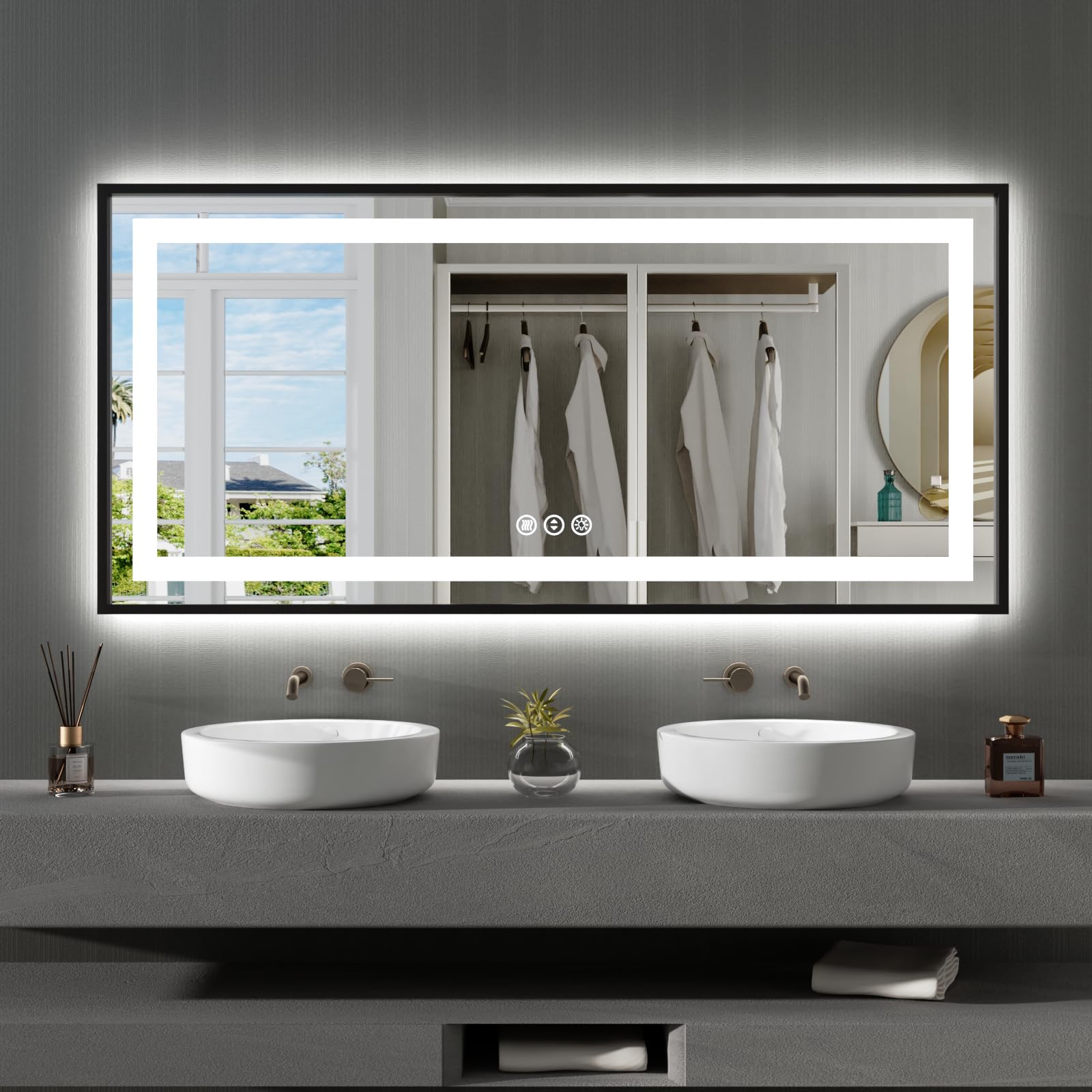 Amorho LED Mirror 60x28 Inch Black Framed