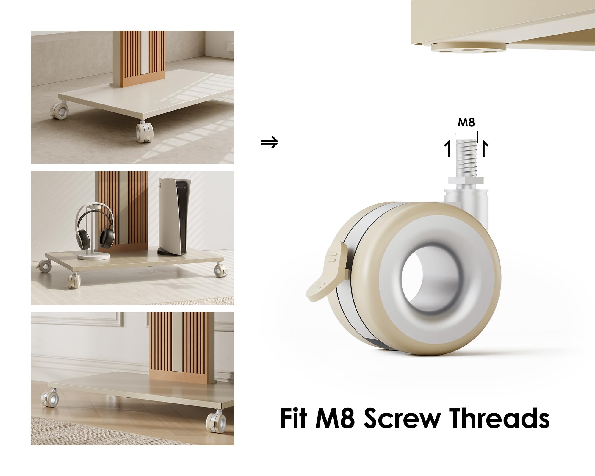 FITUEYES Ruedas para Muebles hasta 80 kg, Juego de 4 Ruedas Giratorias con Freno, Rosca M8, Ruedas para Soporte TV y Equipos (Morandi Gris)