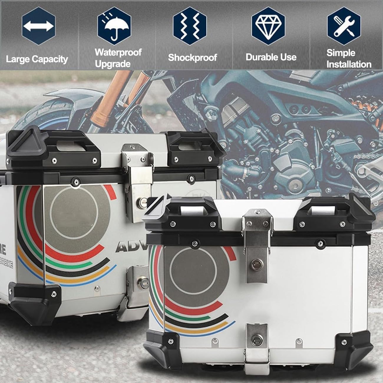 Aluminiowa skrzynka na tylne motocykle Top Case Aluminiowa skrzynka na tylne motocykle z zamkiem zabezpieczającym, górna skrzynia na motocykl do przechowywania kasku, skrzynia bagażowa ，Stoj