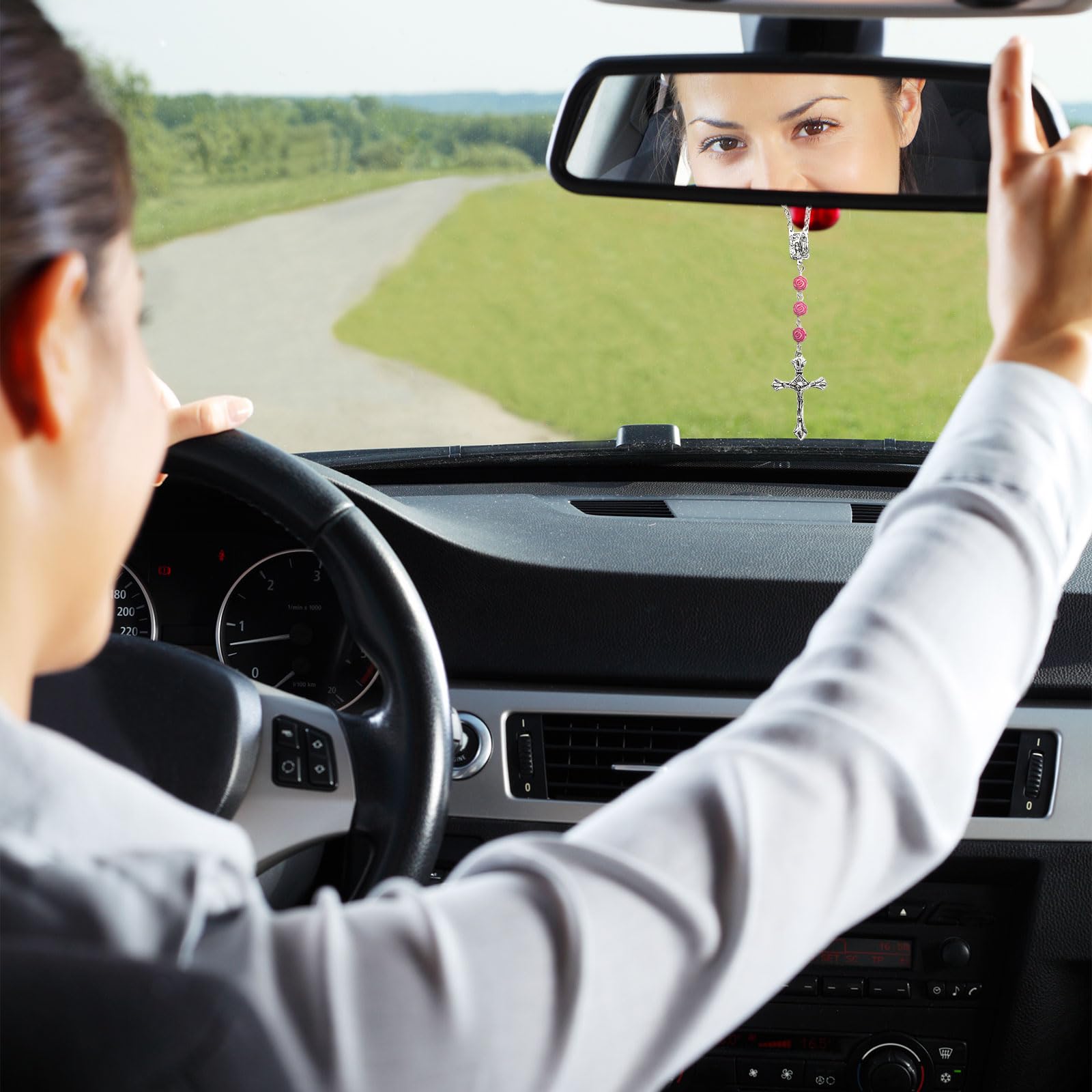 Auto Rosenkranz Für Rückspiegel - Mit Christophorus & Kruzifix, 17 Cm Silberner Glücksbringer