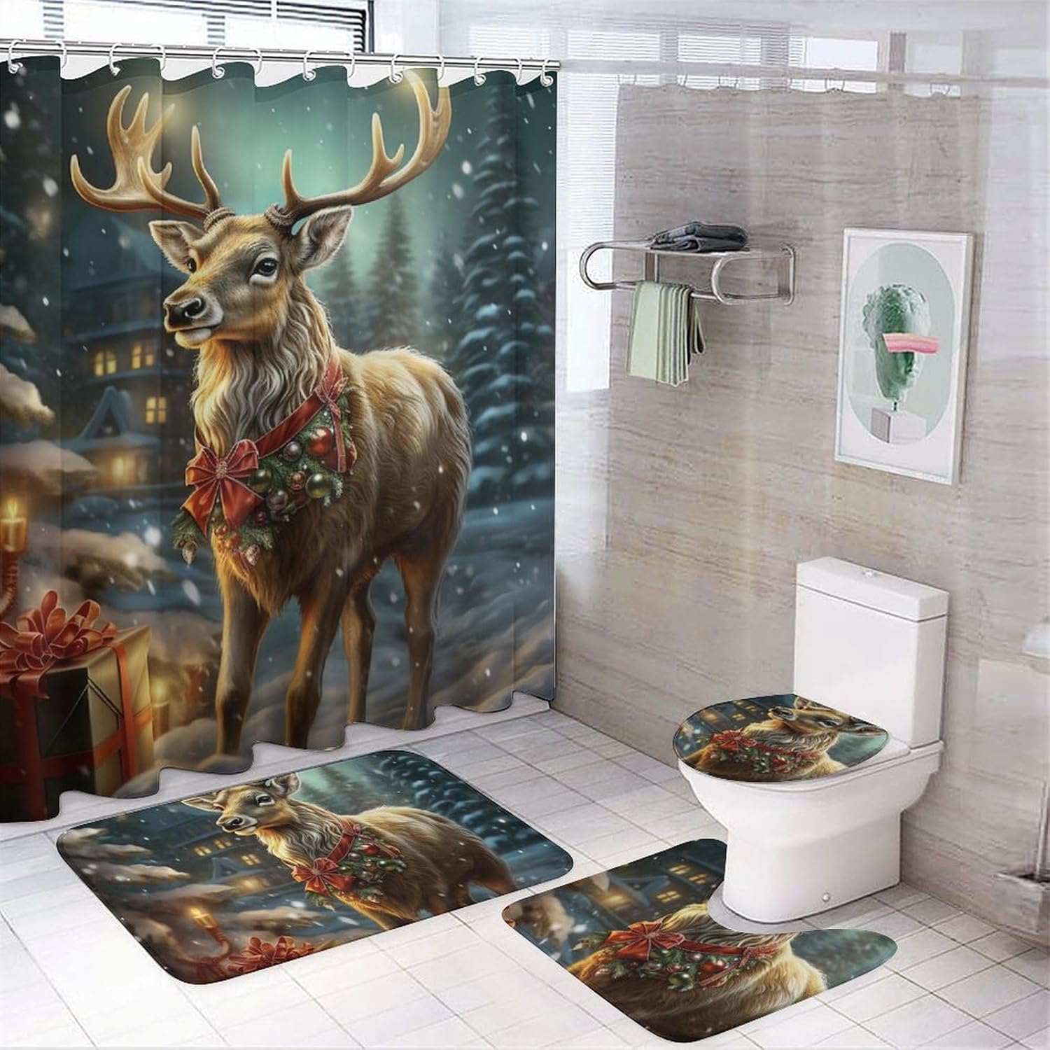4 Piece Shower Curtain Bathroom Sets Reindeer Bath Mat with