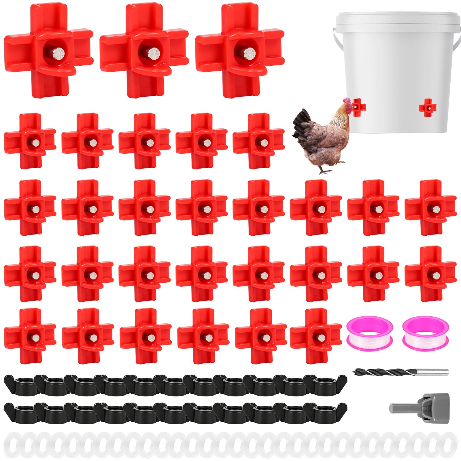 QINGLANG 30 Pack Automatic Chicken Waterer Nipples with 1/2" Pvc Tee Fittings Anti-Leak DIY Horizontal Poultry Water Drinker Kit with Drill Bit & Ptfe Tape for Chickens, Ducks and Quail
