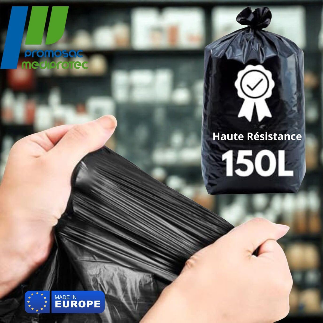 Bolsa de basura de 150 litros reforzada | Lote de 100 bolsas de 150 L ultra resistentes | Gama profesional | Residuos pesados hasta 35 KGS | Obras - Oficinas - Comercios - Restauración (150 litros)