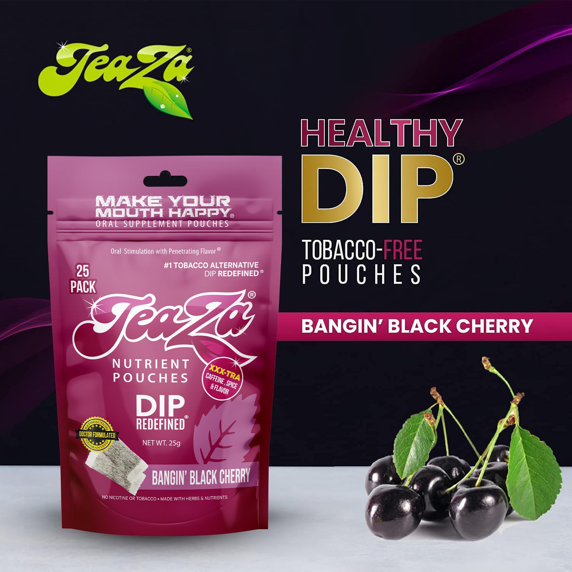 berry dip tobacco TeaZa Energy Pouches Power Mint + Bangin' Black Cherry - 8 Pack Moist Long Cup Tobacco-Free Dip